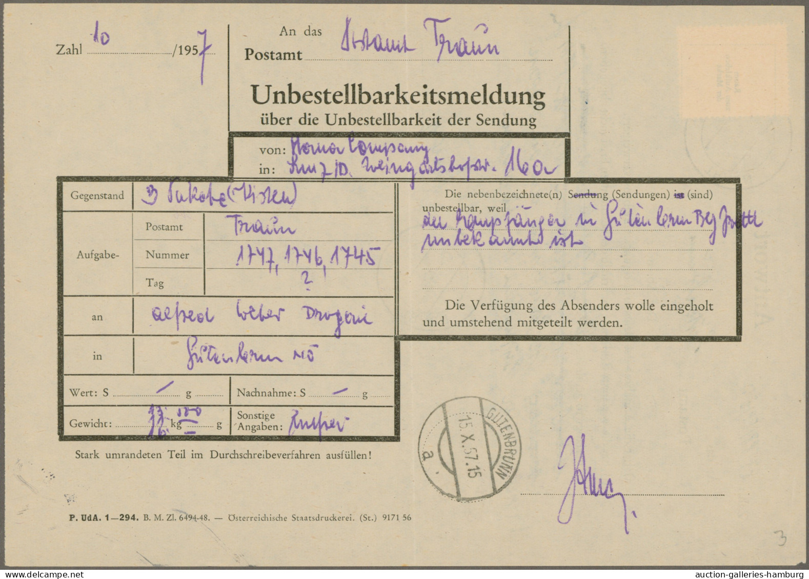 Österreich: 1957, Trachten 2 Sch. Grünblau Als Einzelfrankatur Auf Antwort Einer - Lettres & Documents