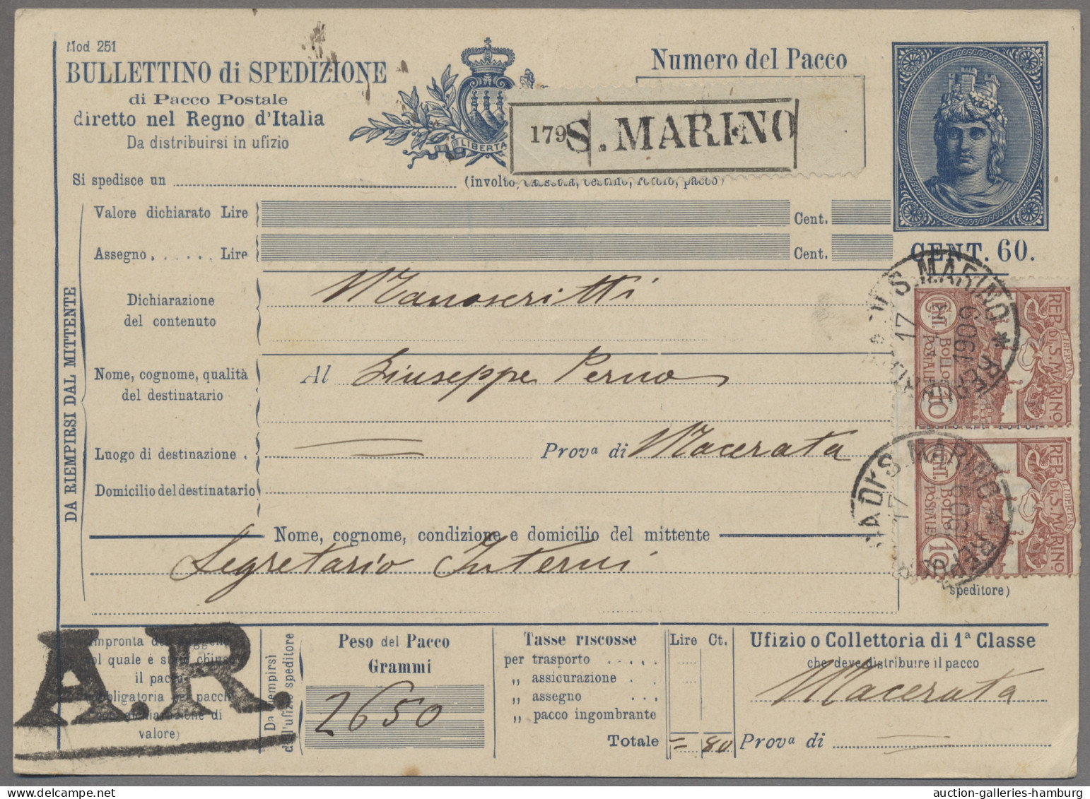 San Marino: 1909,17.2., Paketkarte Mit Wertstempel Zu 60c Bedarfsgebraucht Mit Z - Lettres & Documents