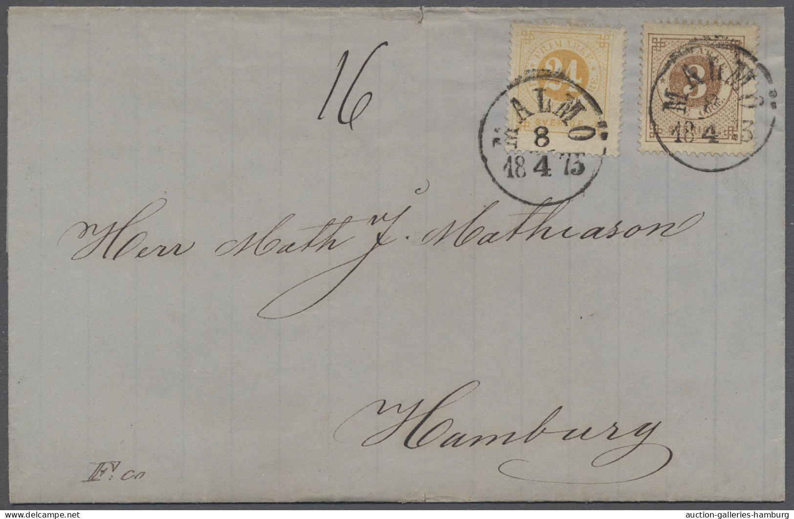 Sweden: 1875, Apr 8, Letter From Malmö To Hamburg, Germany At A Rate Of 27 Öre ( - Lettres & Documents