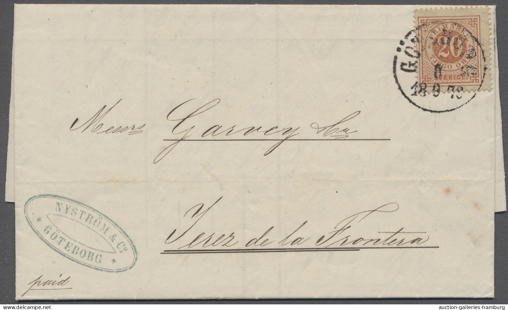 Sweden: 1876, Sep 8, Destination Spain! El Bearing 20 Öre Numeral Type Perf 14 F - Covers & Documents