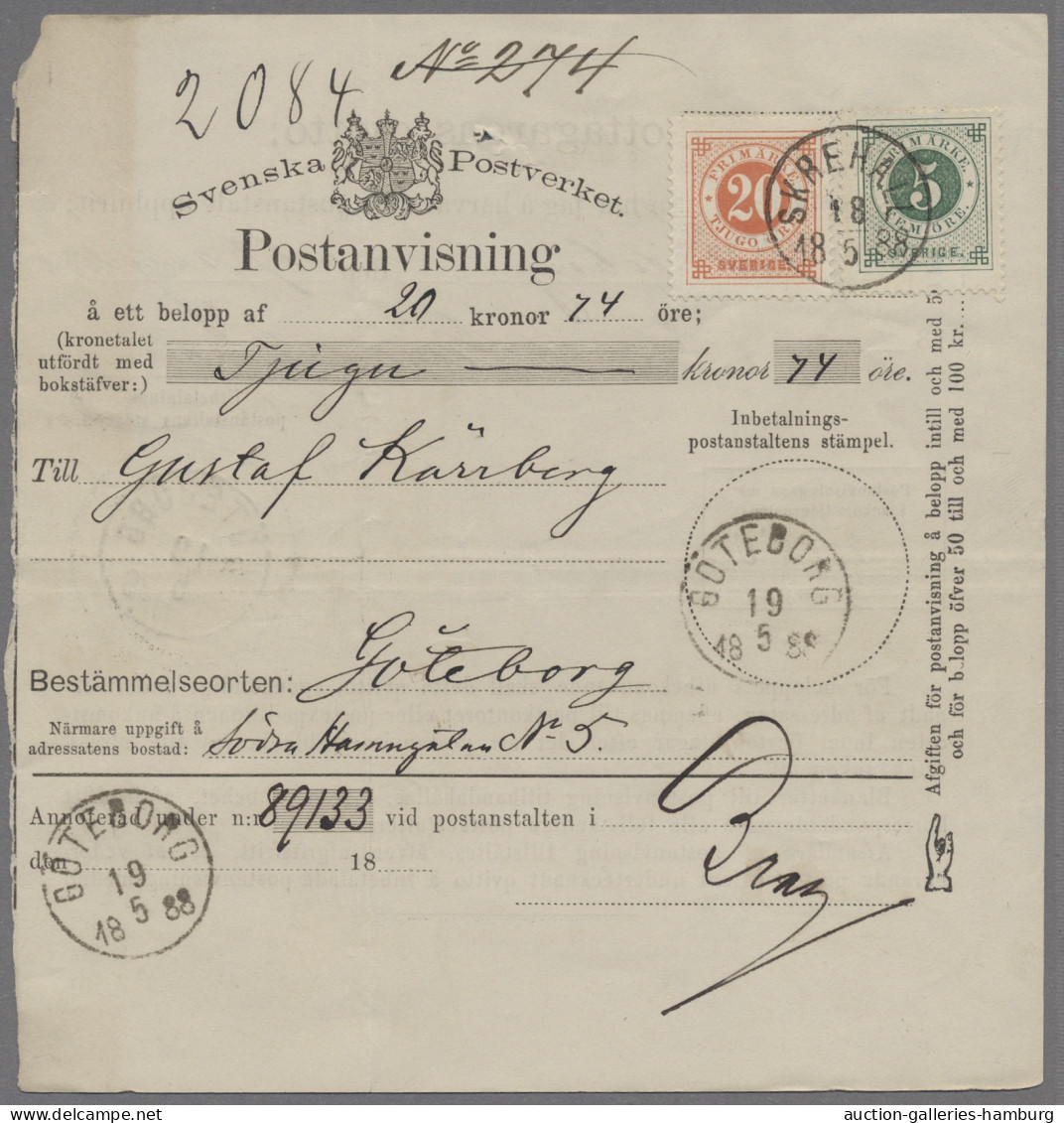 Sweden: 1888, Very Attractive Postal Money Order From SKREHALL To Gotenburg, Fra - Covers & Documents