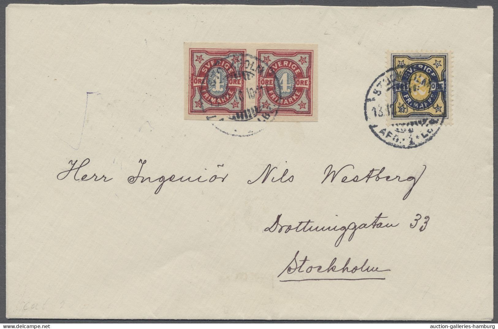 Sweden: 1916, Bi-coloured Numeral Type, 4 Oere Horizontal Pair IMPERFORATE Plus - Cartas & Documentos