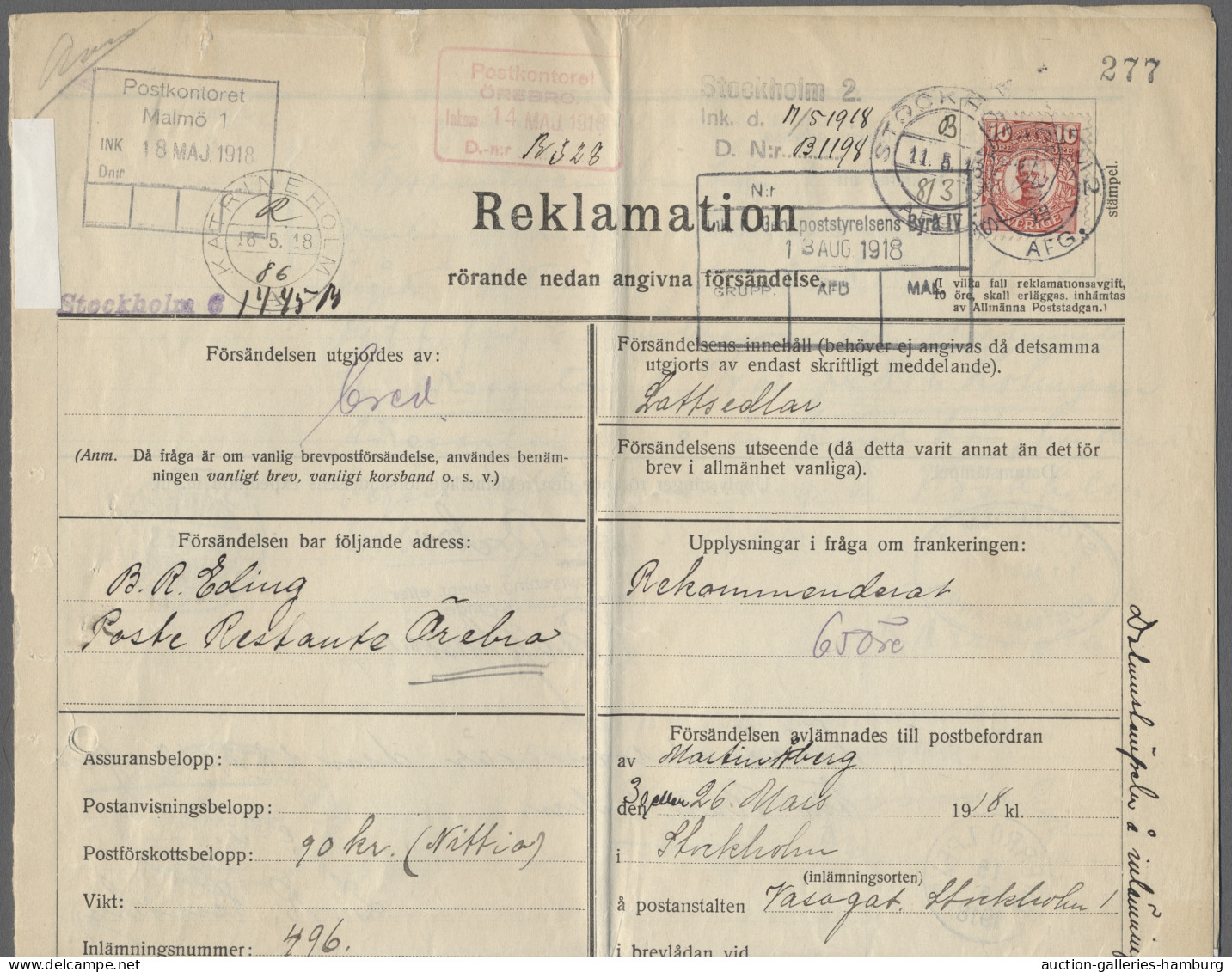 Sweden: 1918, 10 Oere Oskar Franked On A Request For A Lost Registered Letter Fr - Lettres & Documents