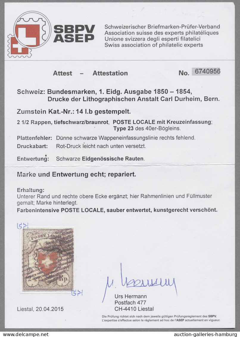 Schweiz: 1850, "POSTE LOCALE" 2 1/2 Rappen Mit Plattenfehler "dünne Schwarze Wap - Usados