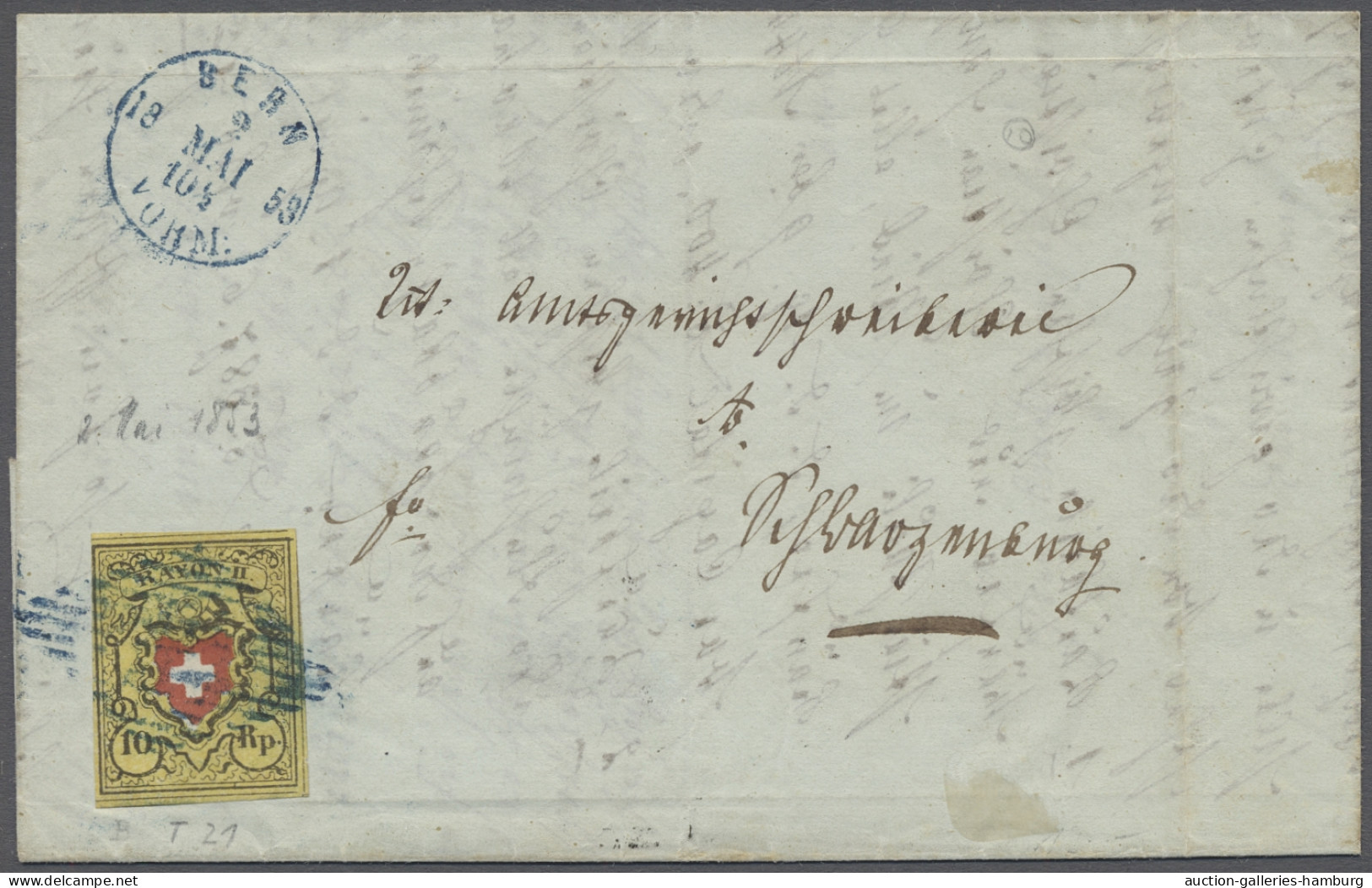 Schweiz: 1853, Rayon II Ohne Kreuzeinfassung, 10 Rp. Schwarz / Orangerot / Braun - Cartas & Documentos