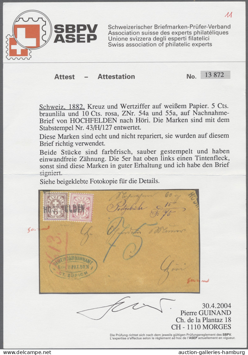 Schweiz: 1883, Kreuz über Wertschild Auf Weißem Papier, 5 C. Lilabraun Und 10 C. - Lettres & Documents