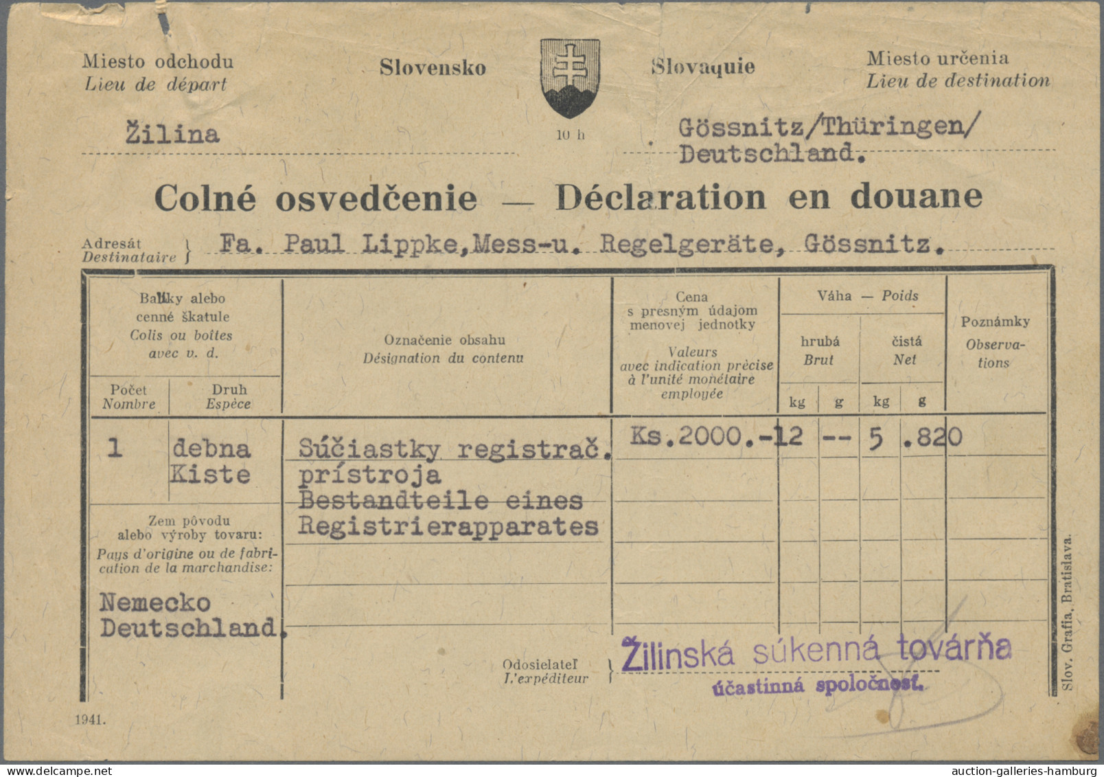 Slovakia - Postal Stationery: 1944, Parcel Despatch Form 1ks. Blue Used With Ins - Postcards