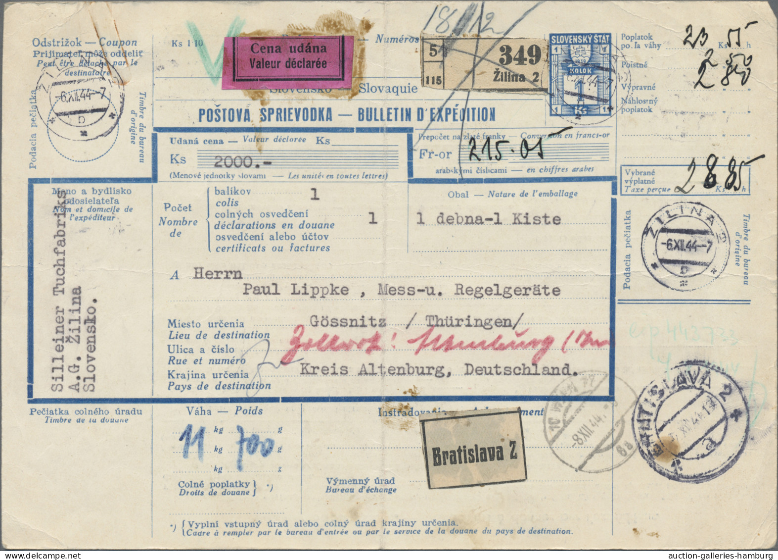 Slovakia - Postal Stationery: 1944, Parcel Despatch Form 1ks. Blue Used With Ins - Postcards