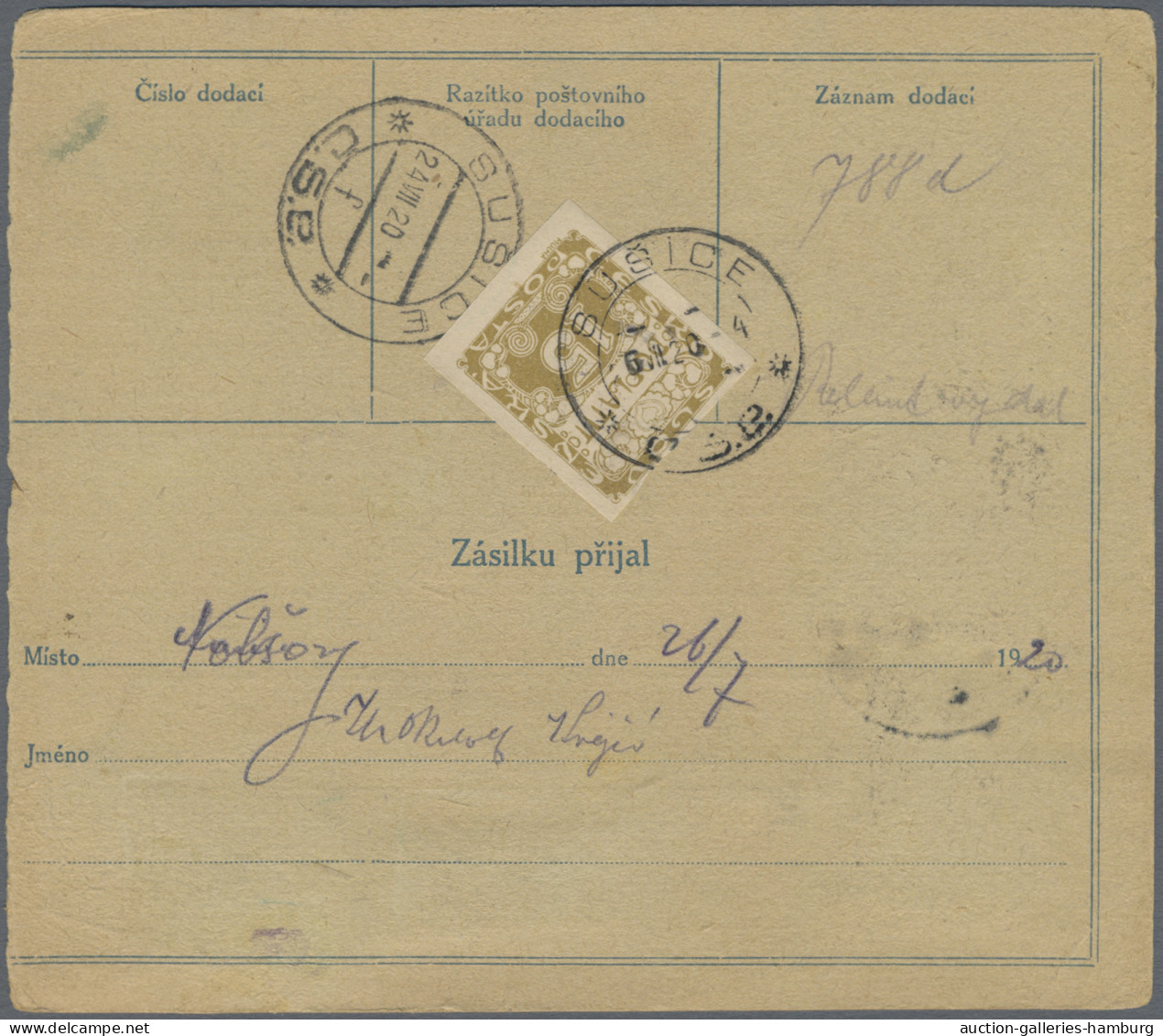 Czechoslowakia: 1920, 1000 (H) Masaryk And 10 H Green Hradschin On Parcel Card F - Covers & Documents