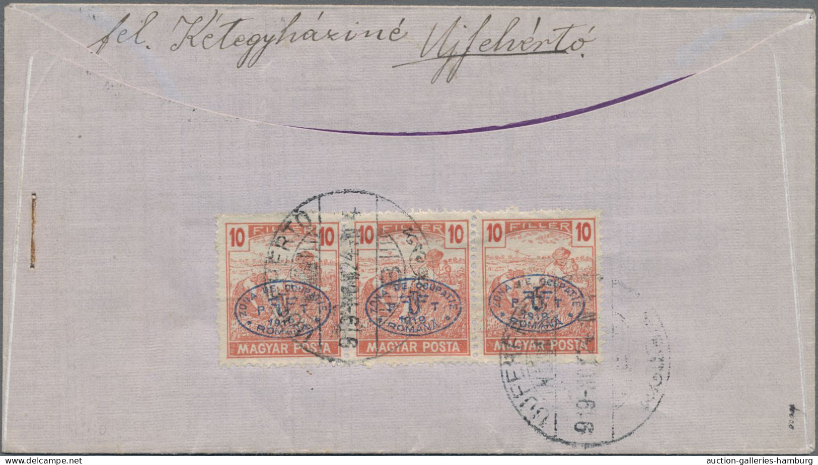 Hungary: 1919, Harvester/Magyar Posta 10f. Rose, Horizontal Strip Of Three On Re - Debreczen