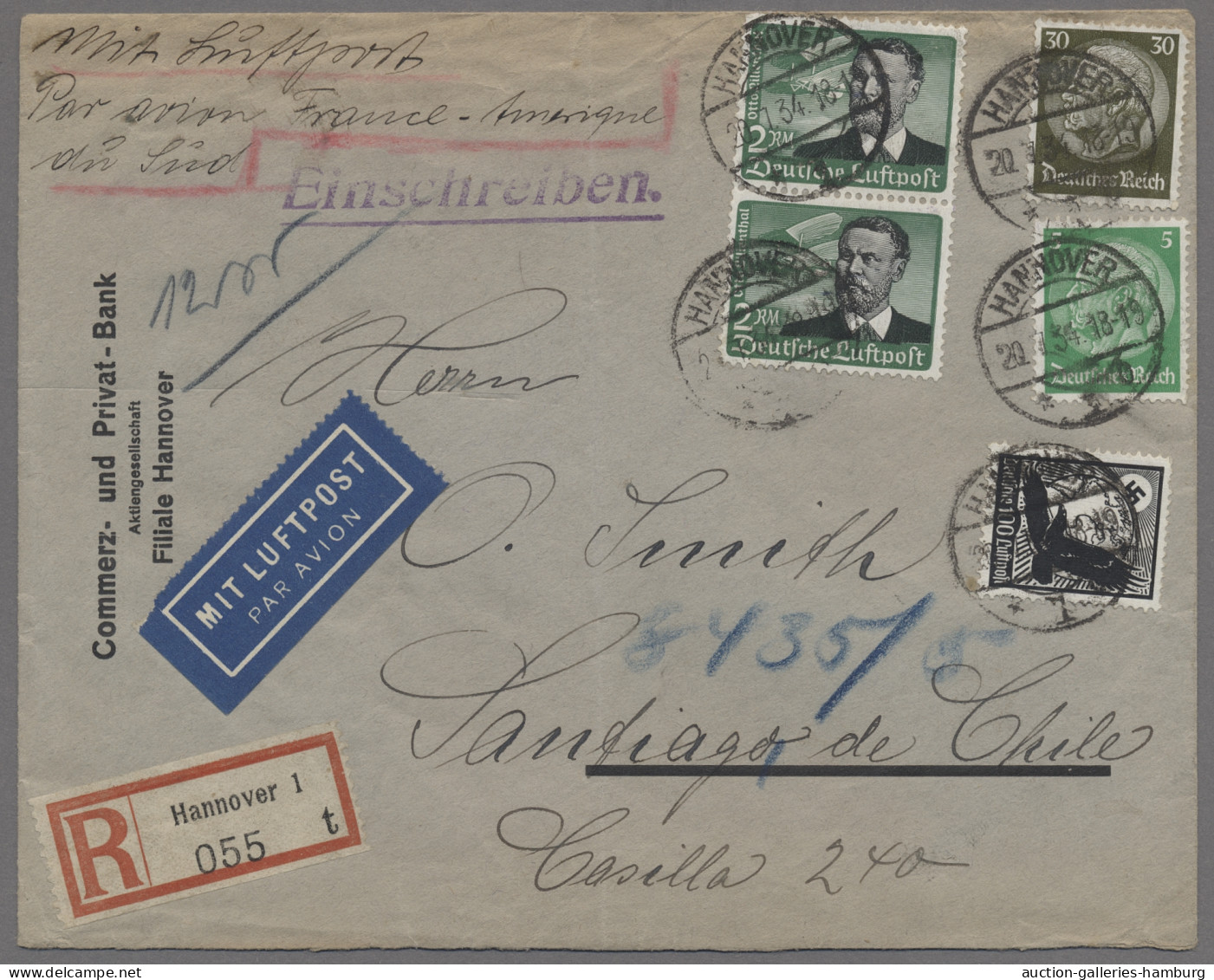 Air Mail - Germany: 1934, Geschäftsbrief Frankiert Mit Hindenburg, 5 Bzw. 30 Pfe - Airmail & Zeppelin