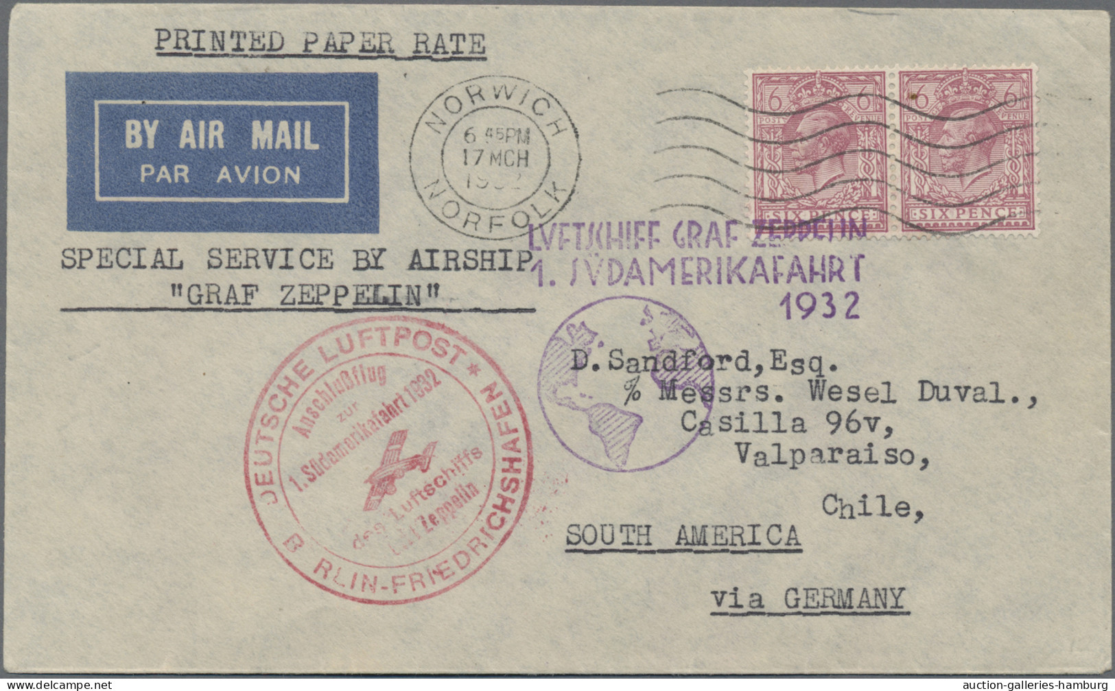 Zeppelin Mail - Europe: 1932, KGV 6d. Purple Horizontal Pair On Zeppelin Cover " - Europe (Other)