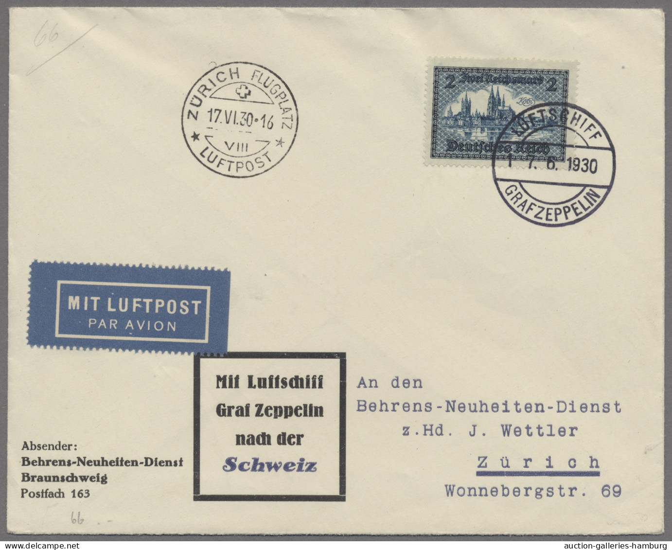 Zeppelin Mail - Germany: 1930, Schweizfahrt Der LZ 127, 2 Reichsmark, Alt-Köln A - Poste Aérienne & Zeppelin