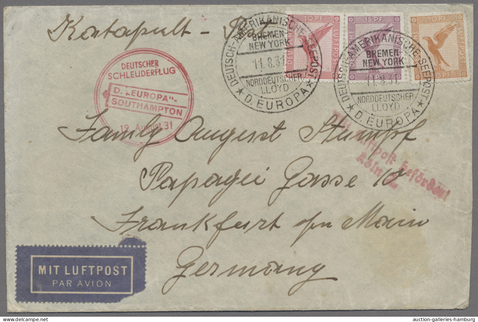 Skid Flight Mail: 1931, Schleuderflug Dampfer "Europa" - Southampton, Seepostauf - Airmail & Zeppelin