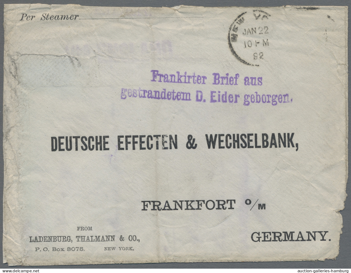 Desaster Mail: 1892, Katastrophenbrief Vom Dampfer "Eider", Am 31.1.1892 Auf Der - Otros & Sin Clasificación