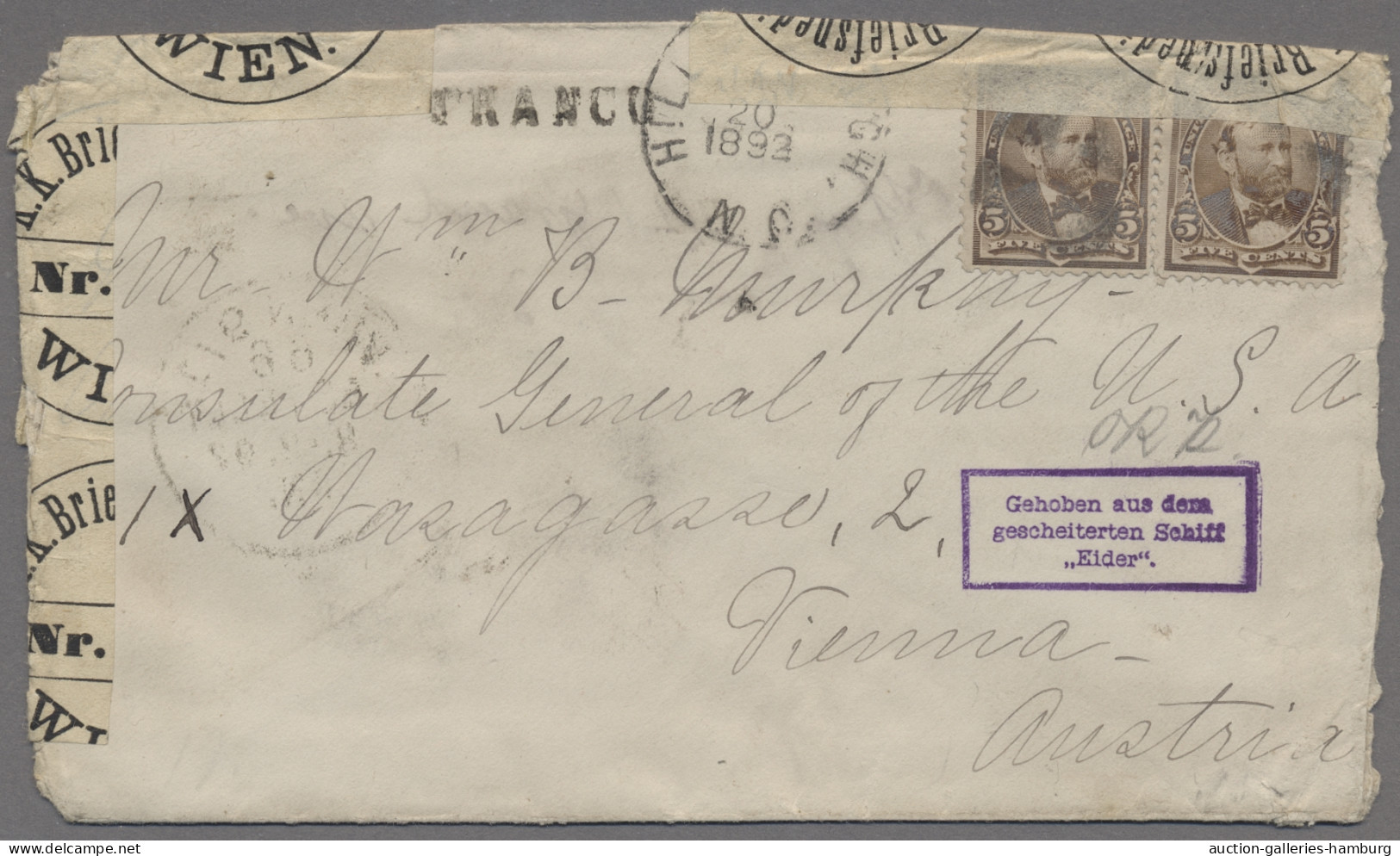 Desaster Mail: 1892, Brief Aus New York Nach Wien, Mit Dem Dampfer "Eider" Am 31 - Autres & Non Classés