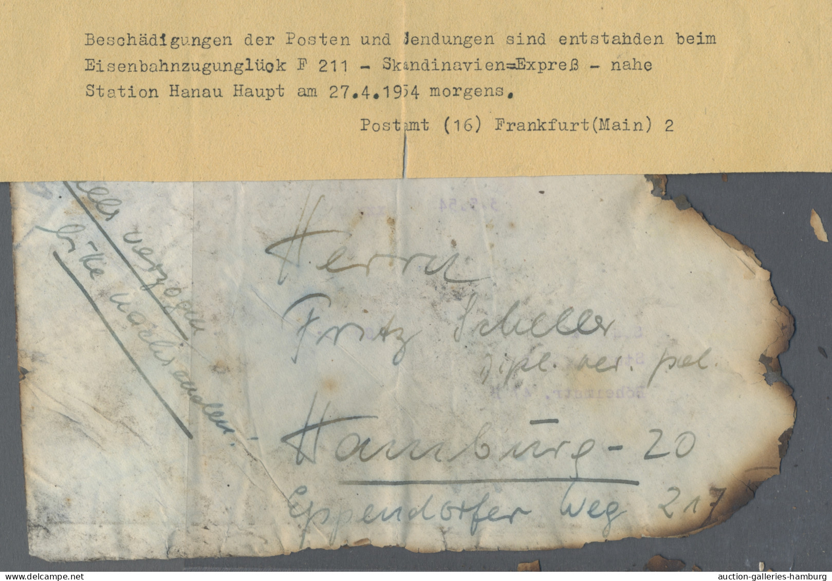 Desaster Mail: 1954, ZUGUNGLÜCK SKANDINAVIEN-EXPRESS, HANAU - Brief Nach Hamburg - Autres & Non Classés