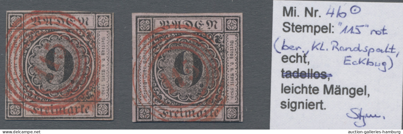 Baden - Nummernstempel: 115 Rot; 1851, Freimarke 9 Kr. Schwarz Auf Altrosa, Drei - Other & Unclassified