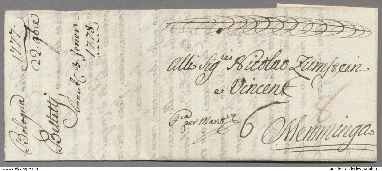 Bayern - Vorphilatelie: 1777, Sehr Frühe Eingangspost: Brief Aus Bologna Nach ME - Préphilatélie