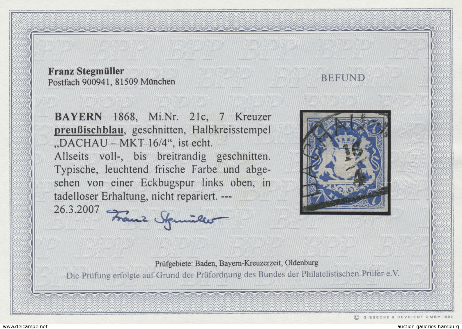 Bayern - Marken Und Briefe: 1869, Staatswappen Geschnitten, 7 Kr. In Der Seltene - Autres & Non Classés