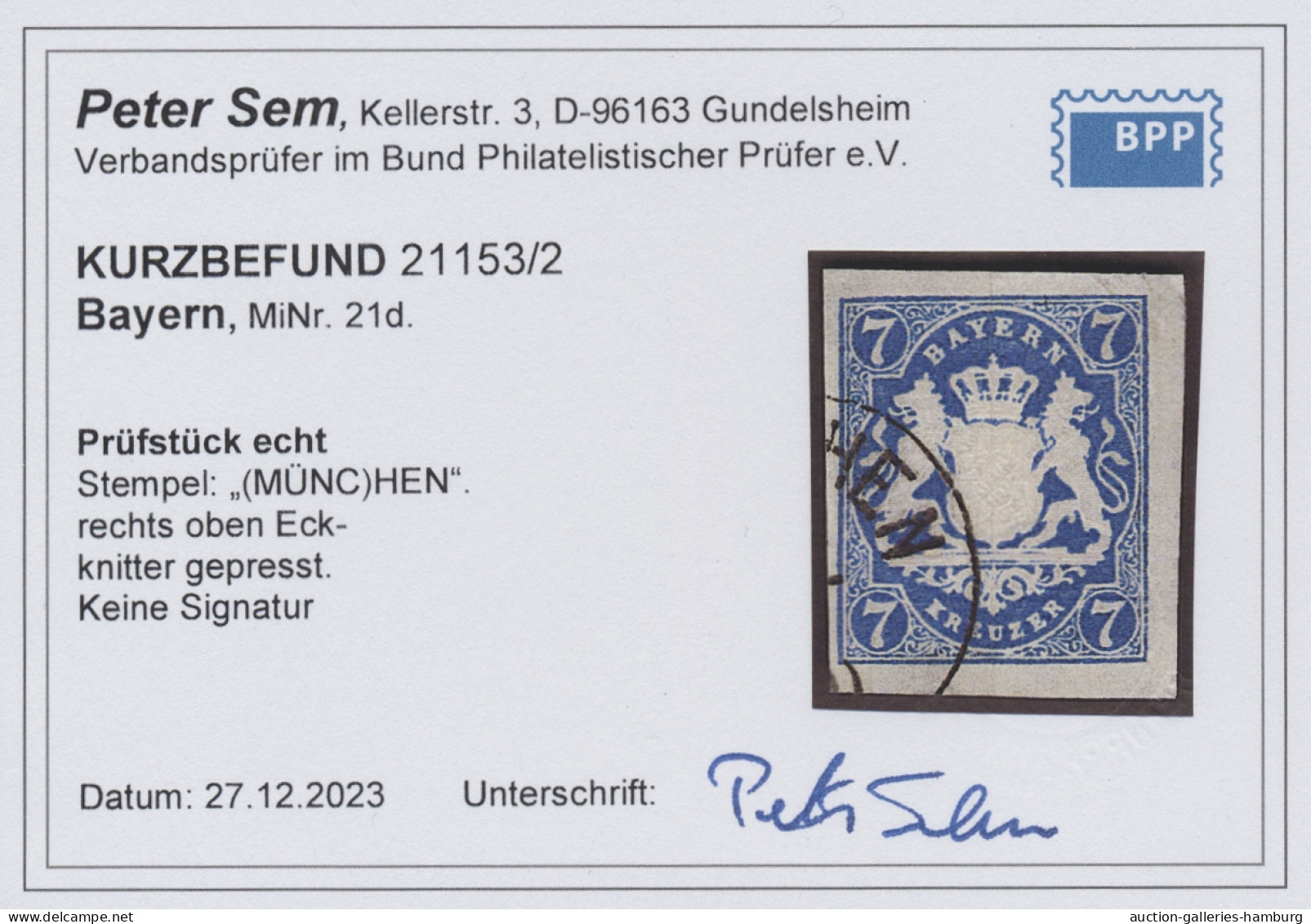 Bayern - Marken Und Briefe: 1869, Staatswappen Geschnitten, 7 Kr. In Der Guten F - Sonstige & Ohne Zuordnung