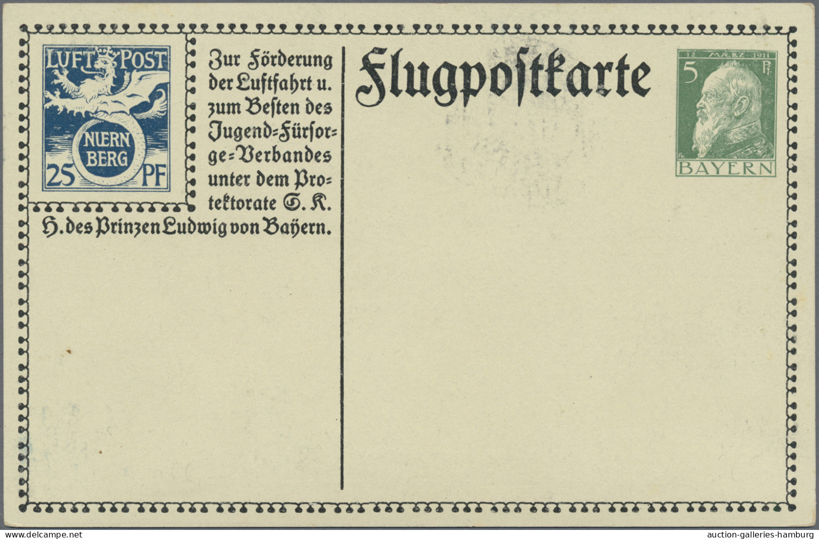 Bayern - Ganzsachen: 1912, Flugpostkarte 5 Pfg. Luitpold + 25 Pfg. "Nürnberg", U - Autres & Non Classés