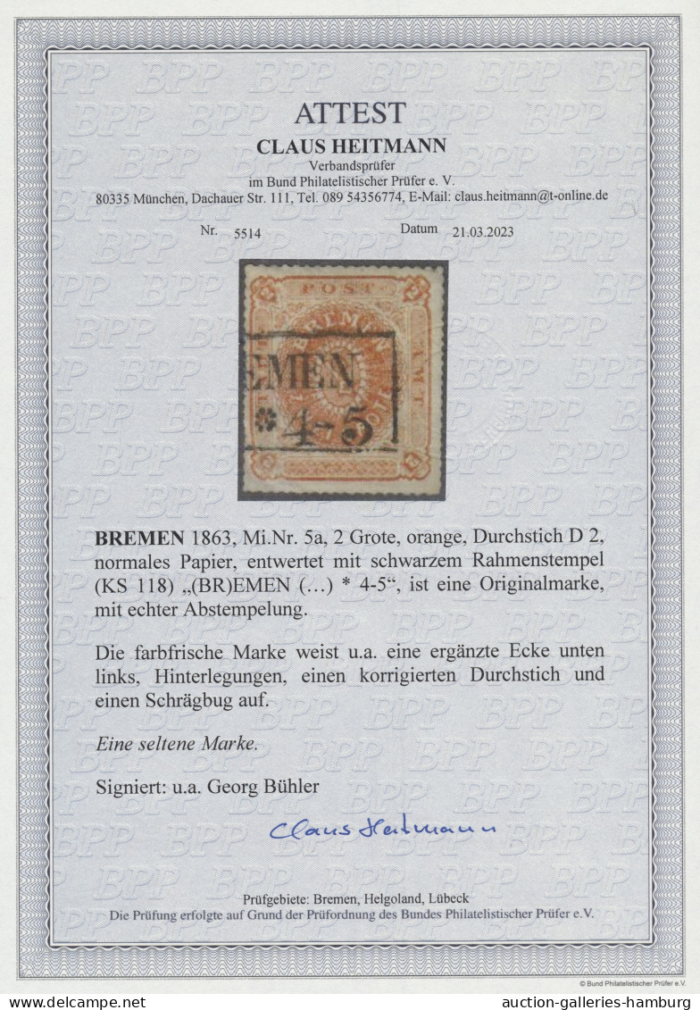 Bremen - Marken Und Briefe: 1863, Staatswappen Im Oval, 2 Grote Orange, Normales - Bremen