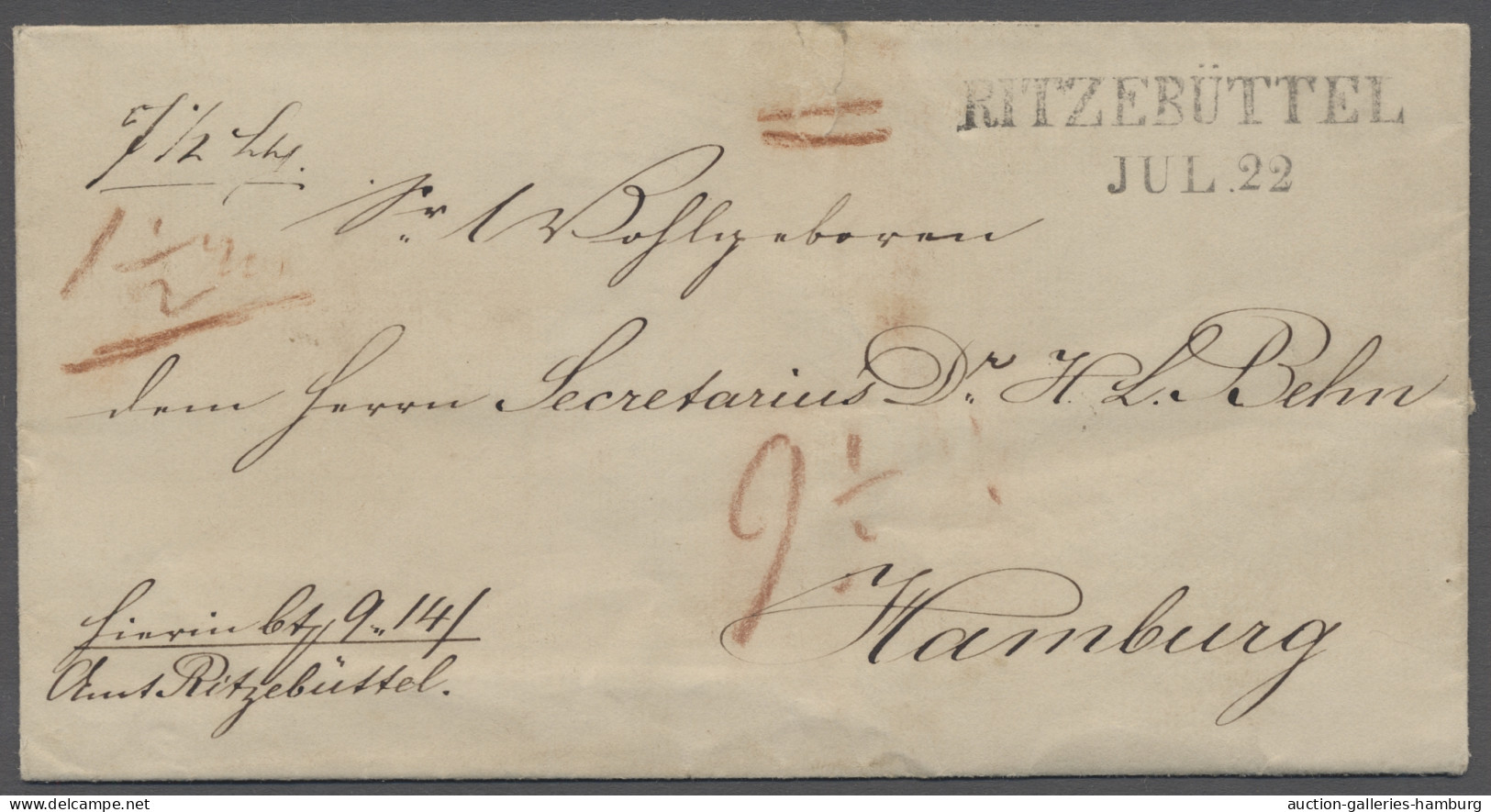 Hamburg - Postamt Ritzebüttel: 1840 (ca.), L2-Stempel "RITZEBÜTTEL JUL 22" Auf P - Hambourg