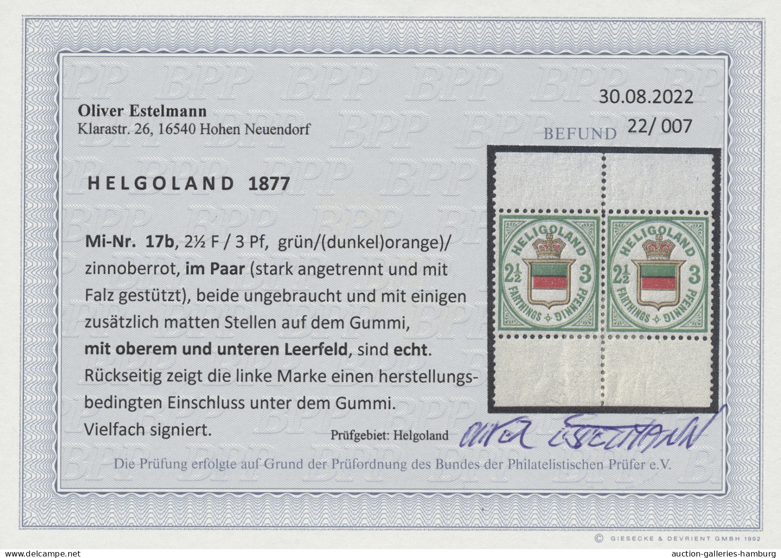 Helgoland - Marken Und Briefe: 1876, Freimarke 2 1/2 F./3 Pf. Grün/dunkelorange/ - Heligoland