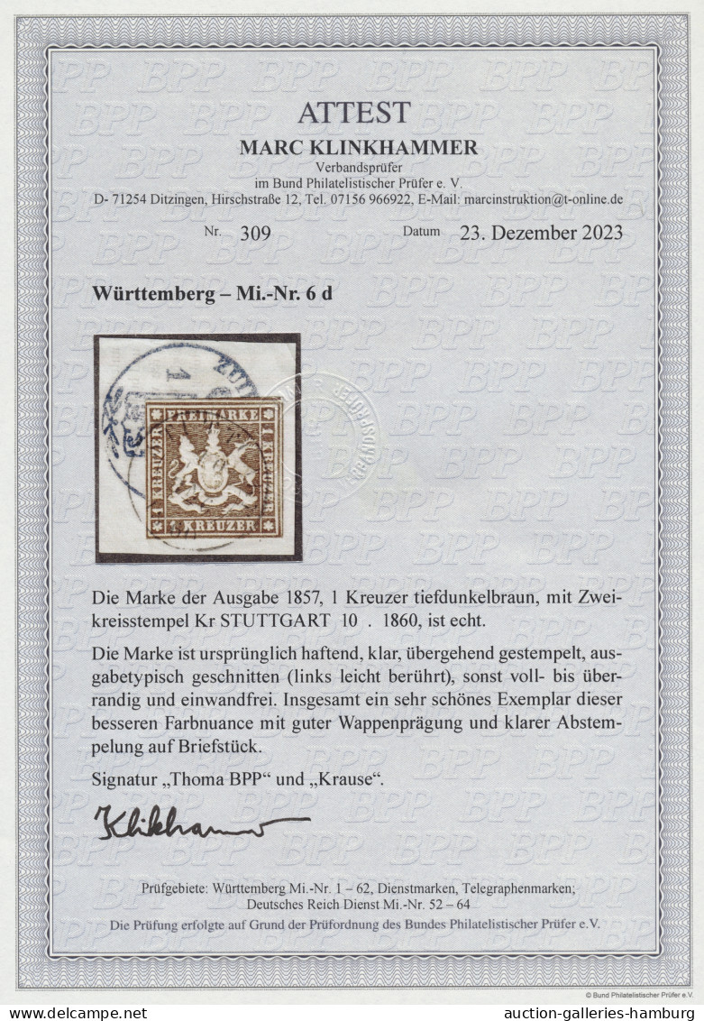 Württemberg - Marken Und Briefe: 1857, 1 Kreuzer In Der Seltenen Farbe "tiefdunk - Other & Unclassified