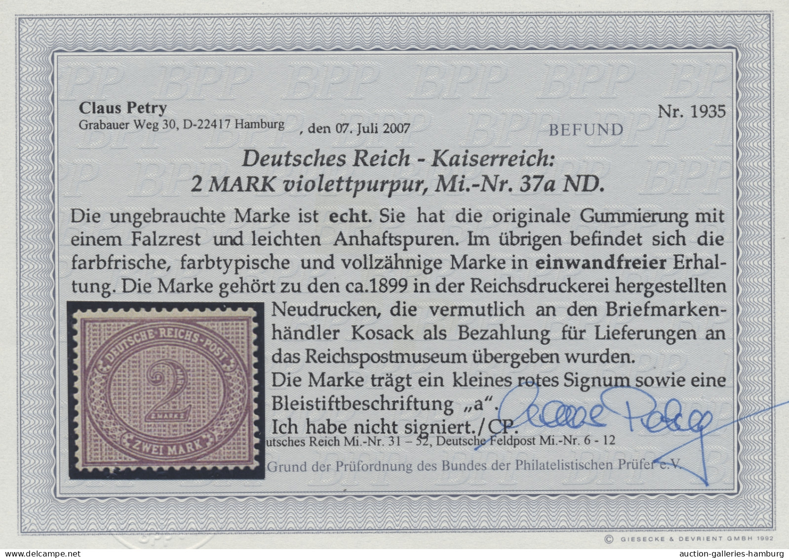 Deutsches Reich - Pfennige: 1899, Innendienst, 2 Mark Violettpurpur, Ordentlich - Neufs