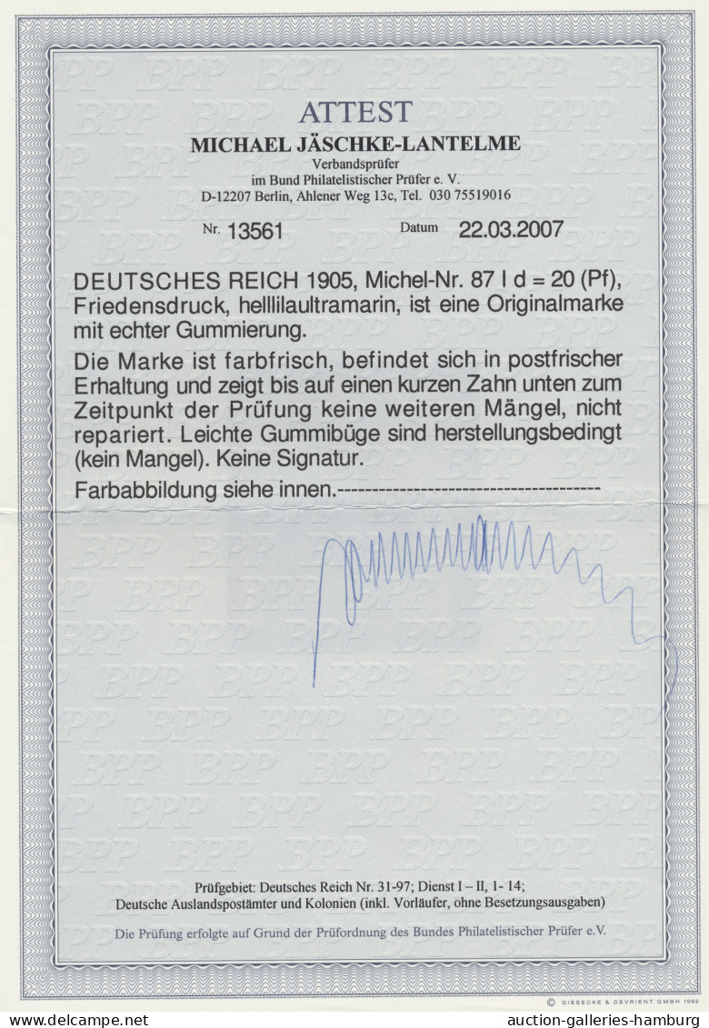 Deutsches Reich - Germania: 1906, Deutsches Reich Mit Wz., Friedensdruck, 20 Pf. - Neufs