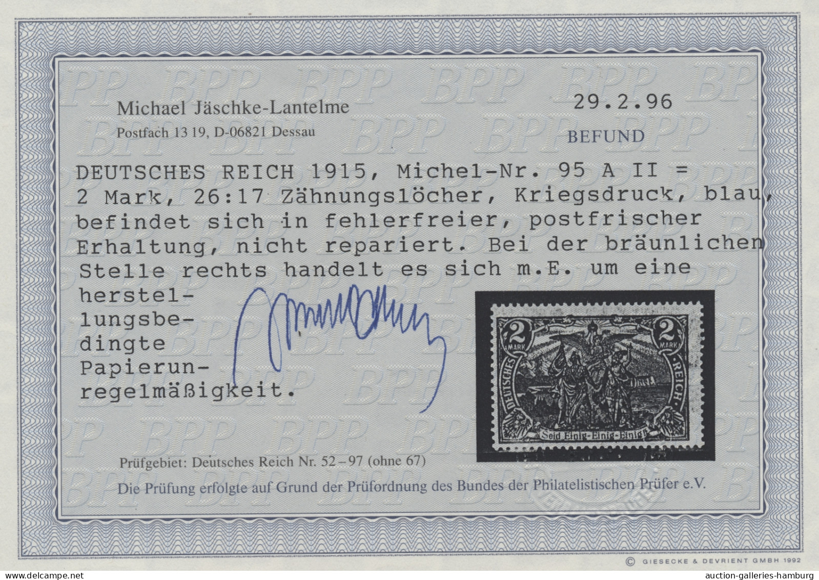 Deutsches Reich - Germania: 1916, "Nord Und Süd", 2 Mark Mit Wz. 1, Kriegsdruck, - Neufs