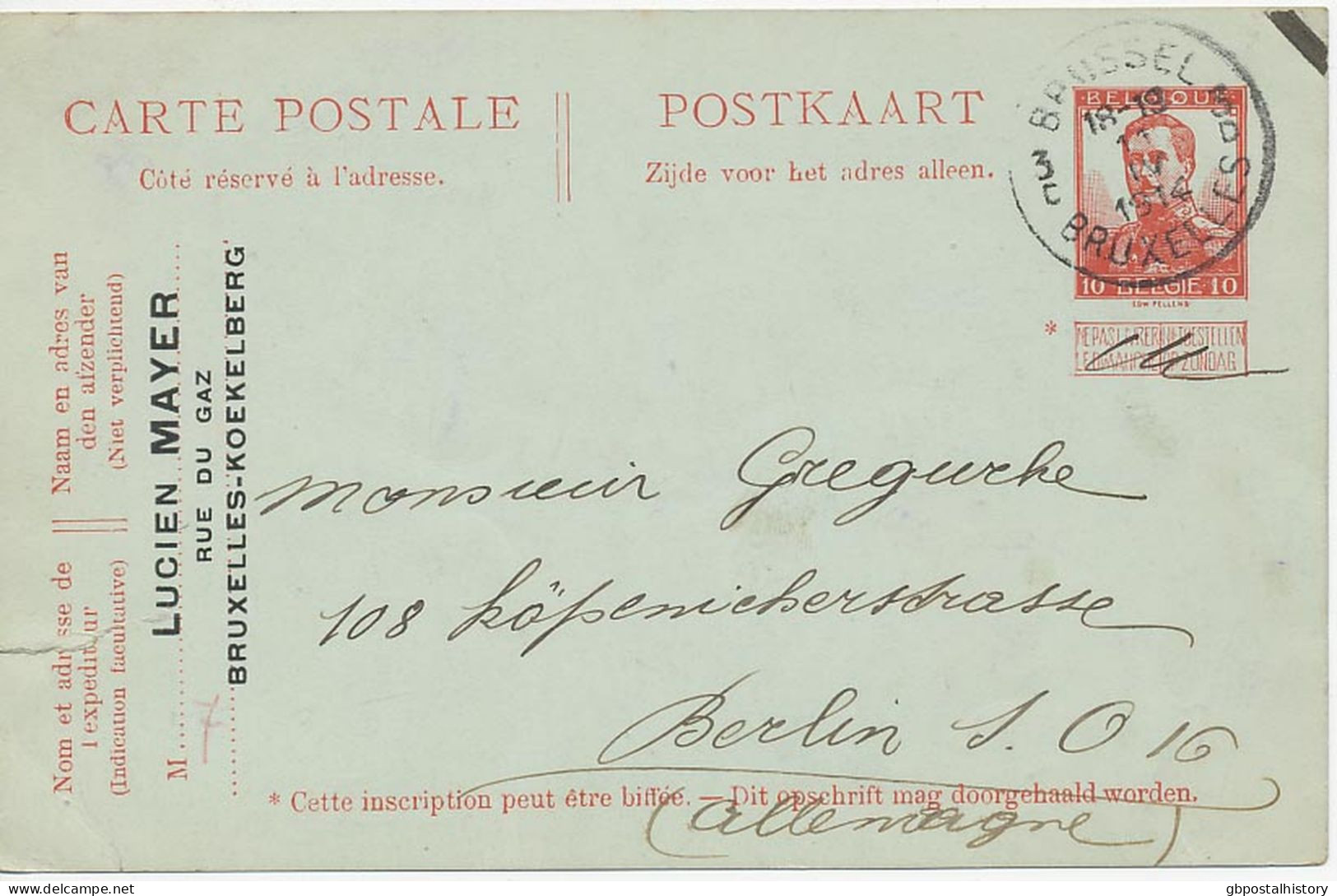 BELGIEN 1914 Albert I 10C Postkarte (links Einriß) K1 "BRUSSEL / BRUXELLES 3" Nach BERLIN ABART: Im Wertstempel Linker - Ohne Zuordnung