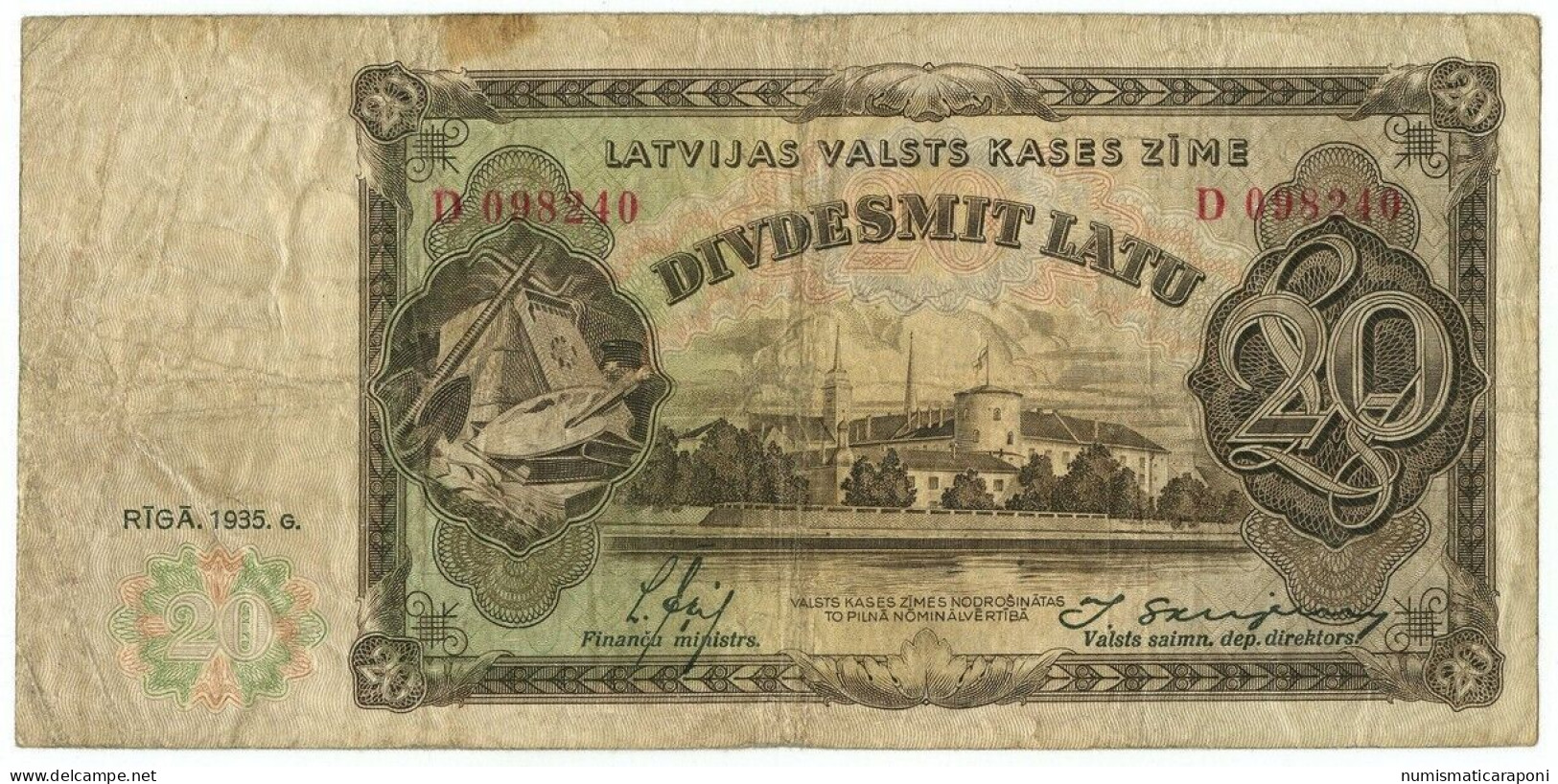 Lituania Lietuvos 20 LATU LATVIAN GOVERNMENT STATE TREASURY NOTE 1935 Lotto.573 - Lituania