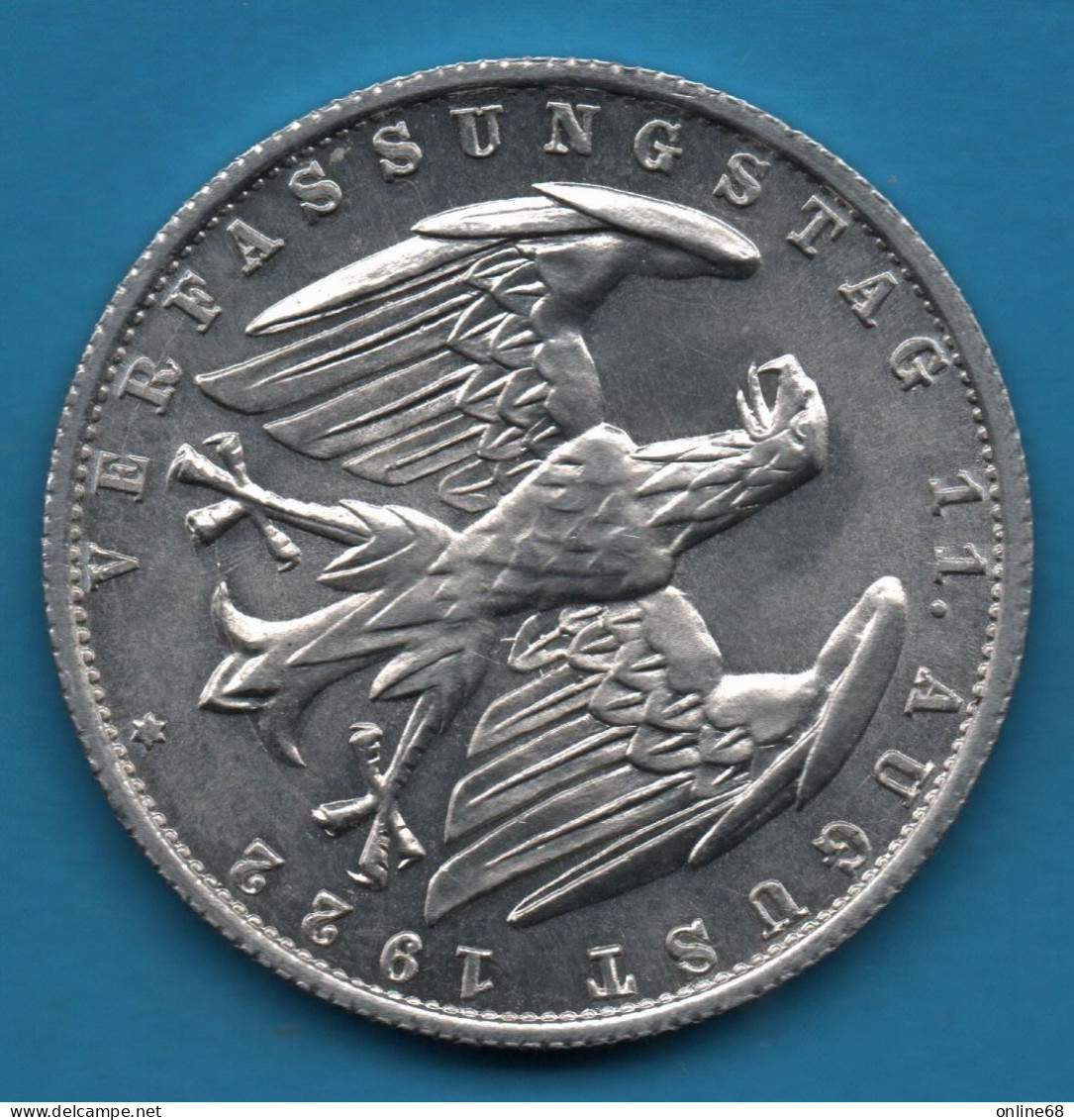 DEUTSCHES REICH 3 MARK 1922 A KM# 29 VERFASSUNGSTAG 11. AUGUST 1922 - 3 Marcos & 3 Reichsmark