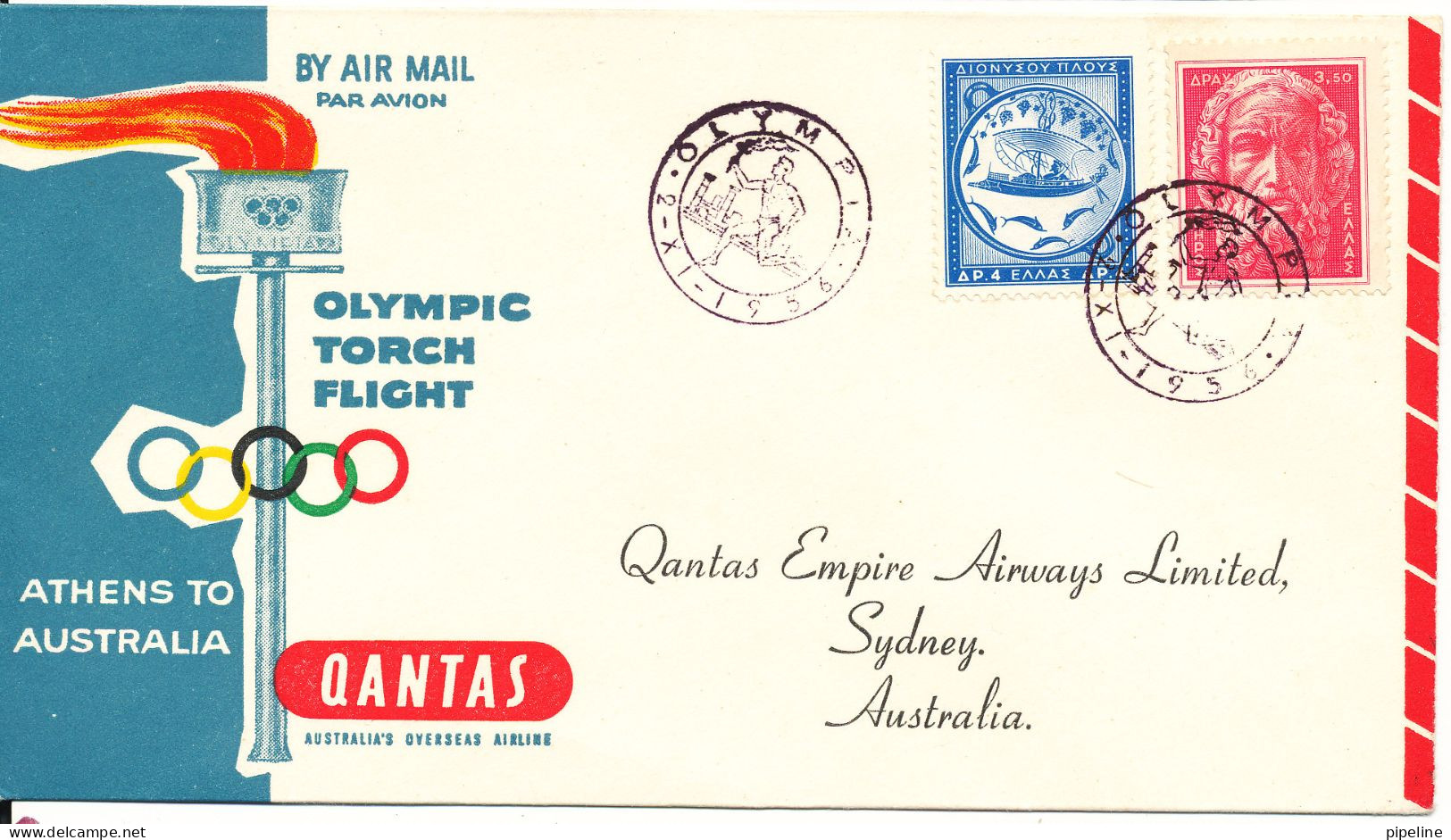 Greece Cover The Qantas Olympic Torch Flight From Athens To Australia 2-11-1956 - Covers & Documents