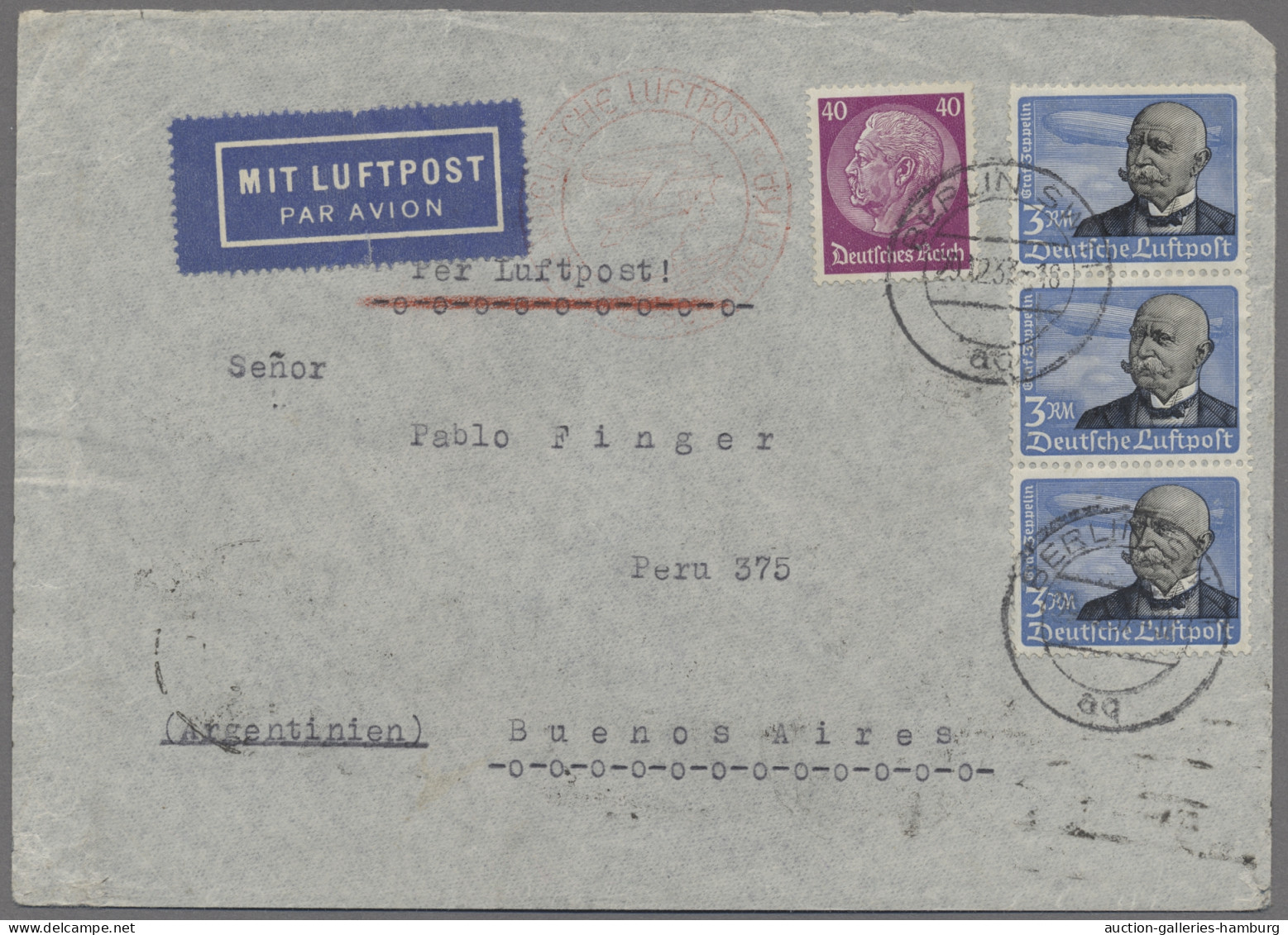 Deutsches Reich - 3. Reich: 1937, 29.12., 3 RM Graf Zeppelin Im Senkrechten Drei - Cartas & Documentos