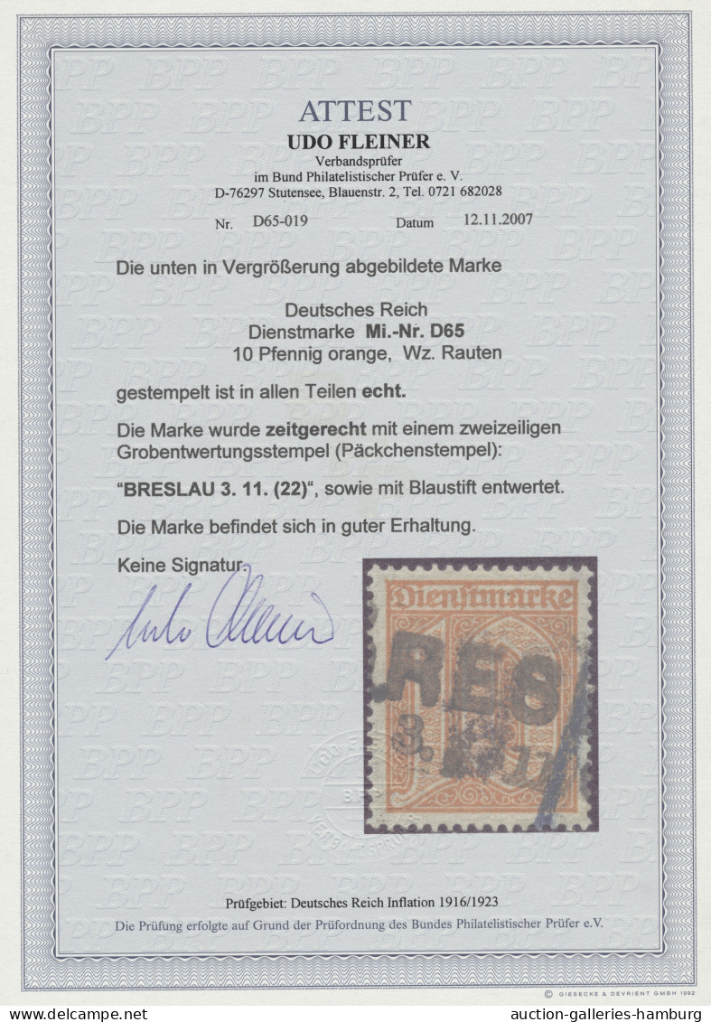 Deutsches Reich - Dienstmarken: 1922, Dienstmarke In Geänderter Farbe, 10 Pf. Du - Oficial