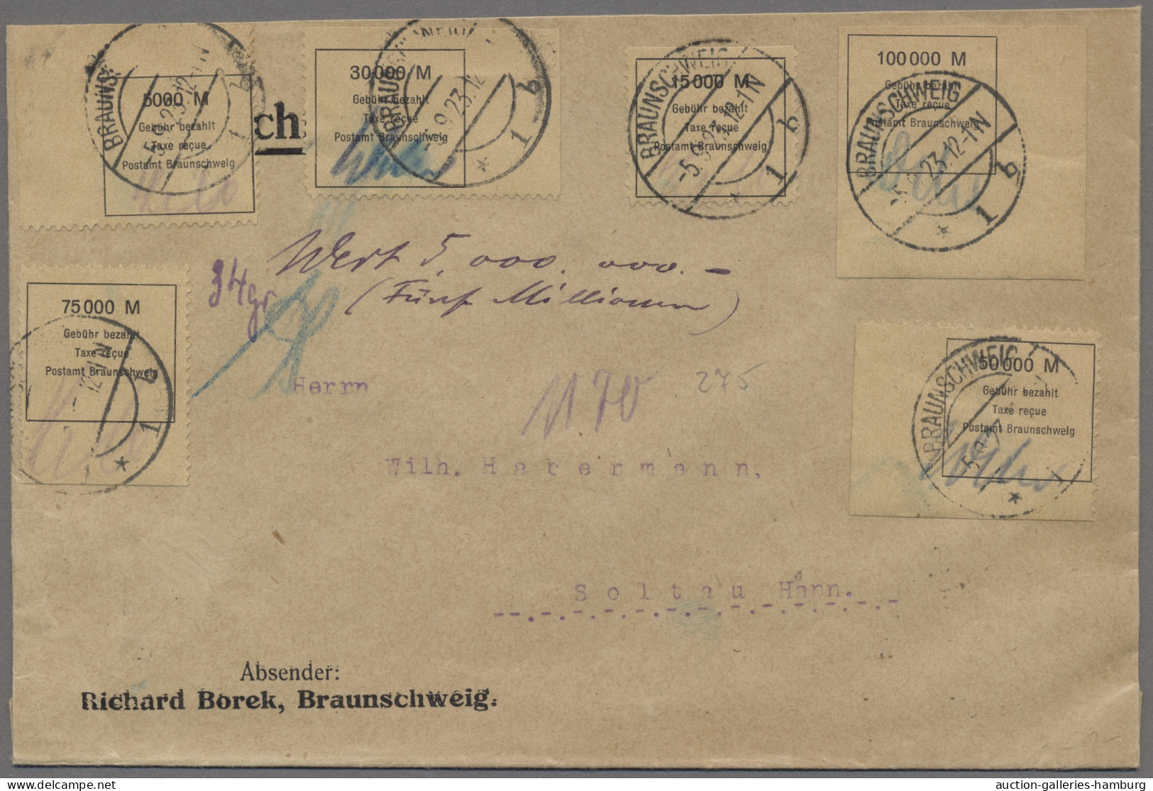 Deutsches Reich - Lokalausgaben 1918/23: Braunschweig, 6 Verschied. Werte (5000 - Cartas & Documentos