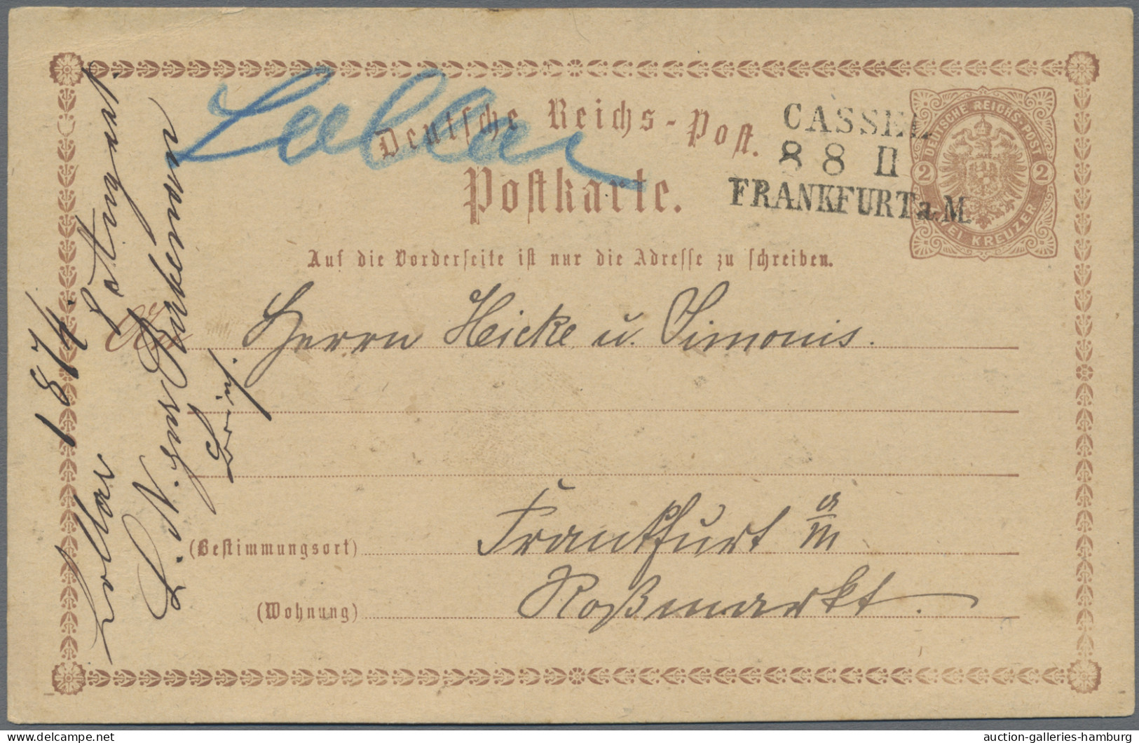 Deutsches Reich - Bahnpost: "CASSEL - FRANKFURT A/M", 1874, L 3 Schwarz Auf Post - Autres & Non Classés