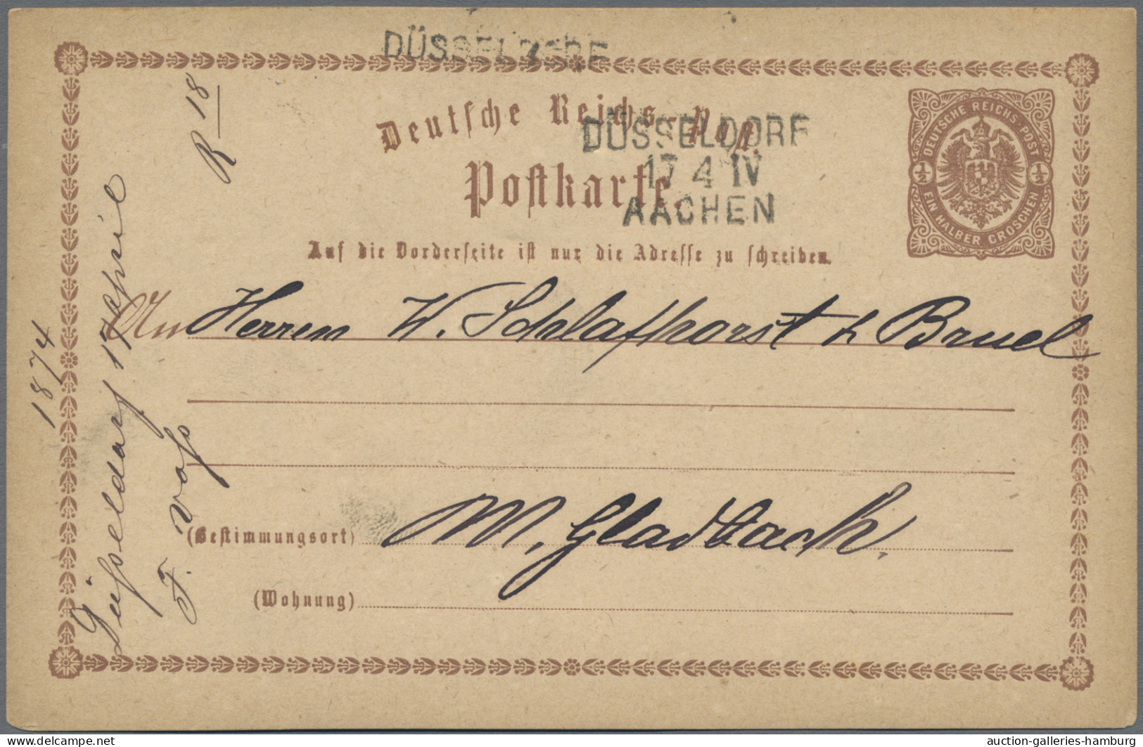 Deutsches Reich - Bahnpost: DÜSSELDORF - AACHEN,1874, L 3 Schwarz Auf Postkarte - Autres & Non Classés