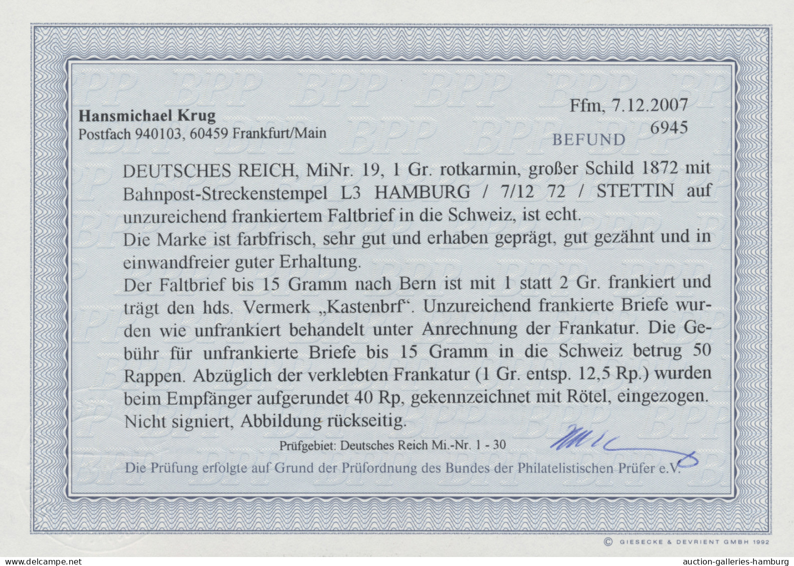 Deutsches Reich - Bahnpost: "HAMBURG - STETTIN - 7 12 72", 1872, L 3 Schwarz Auf - Sonstige & Ohne Zuordnung