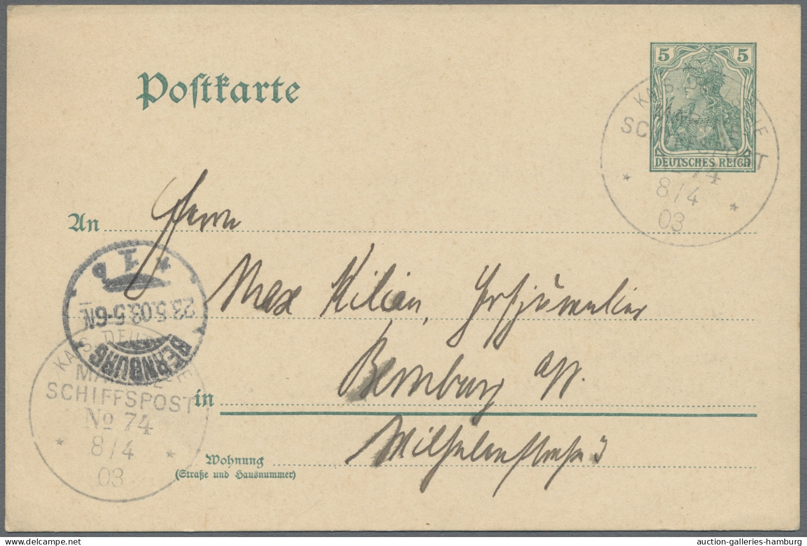 Deutsche Post In China - Stempel: 1903, MARINE-SCHIFFSPOST, Ganzsache Germania 5 - China (oficinas)
