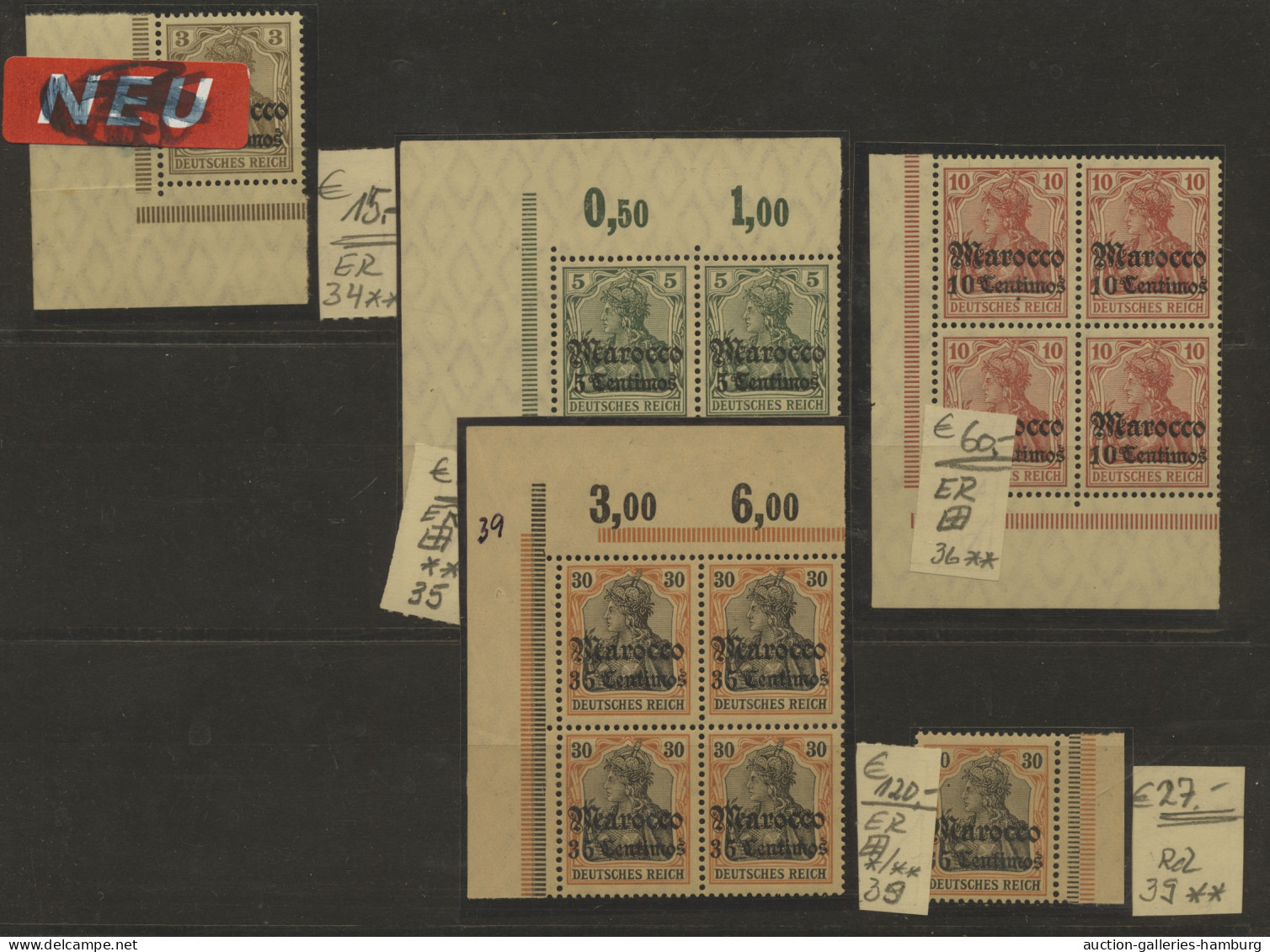 Deutsche Post In Marokko: 1906ff., Lot Auf Drei Steckkarten Mit Postfrischen Ran - Maroc (bureaux)