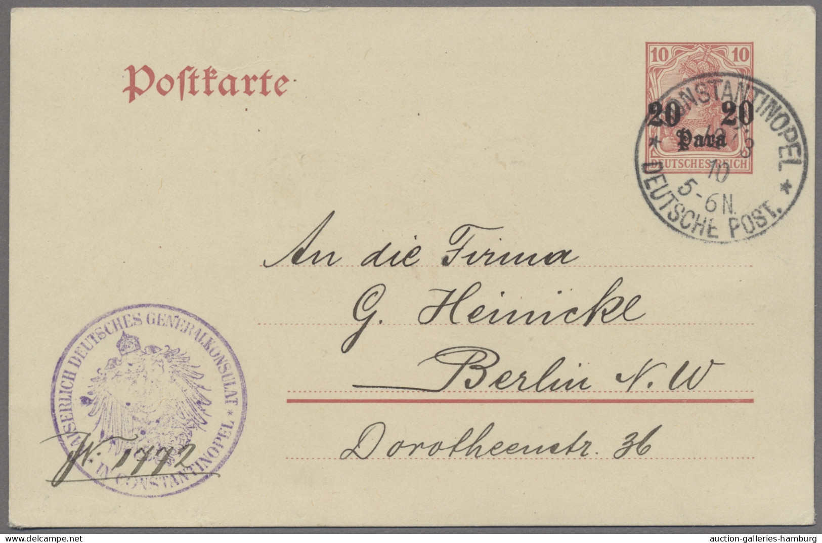 Deutsche Post In Der Türkei - Ganzsachen: 1910, Germania 10 Pfg. Mit Aufdruck "2 - Turquie (bureaux)