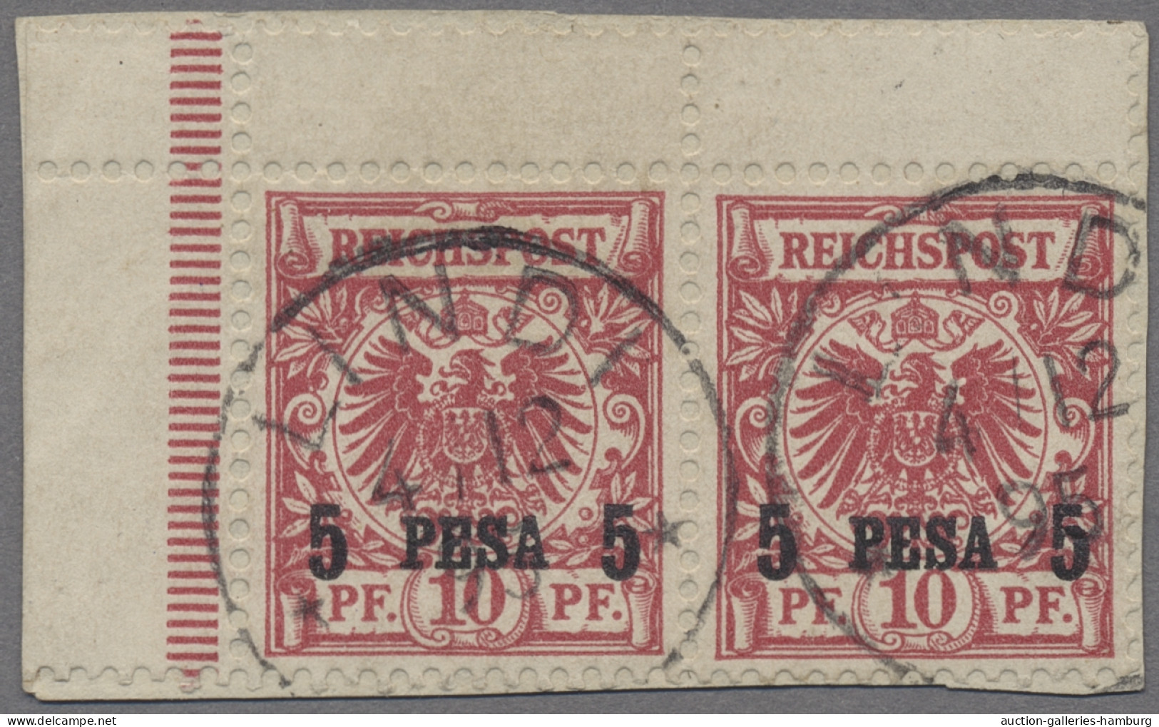 Deutsch-Ostafrika: 1895, Krone/Adler, 10 Pf. Mit Einzeiligem Aufdruck "5 Pesa 5" - África Oriental Alemana