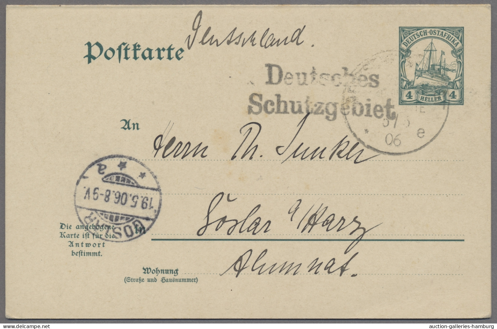 Deutsch-Ostafrika - Stempel: 1906, SEEPOST, Doppelkarte Kaiseryacht, 4 Heller, S - África Oriental Alemana