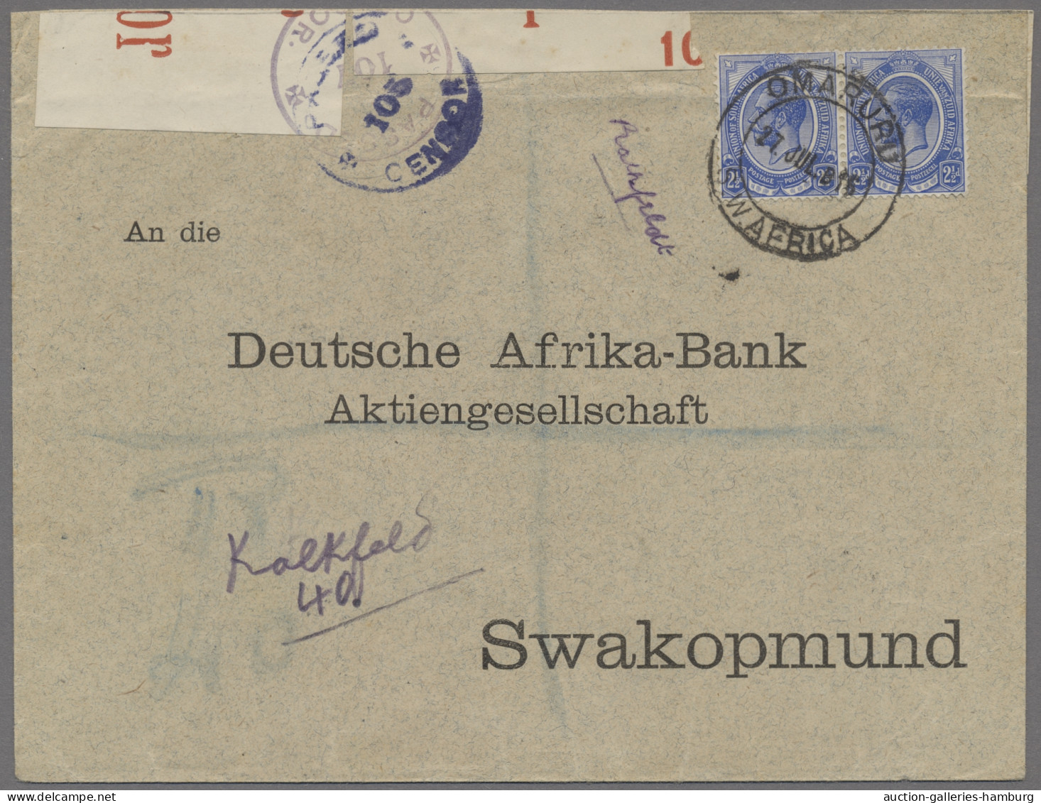 Deutsch-Südwestafrika - Stempel: 1916, KALKFELD, R-Brief An Die Deutsche Afrika- - Sud-Ouest Africain Allemand