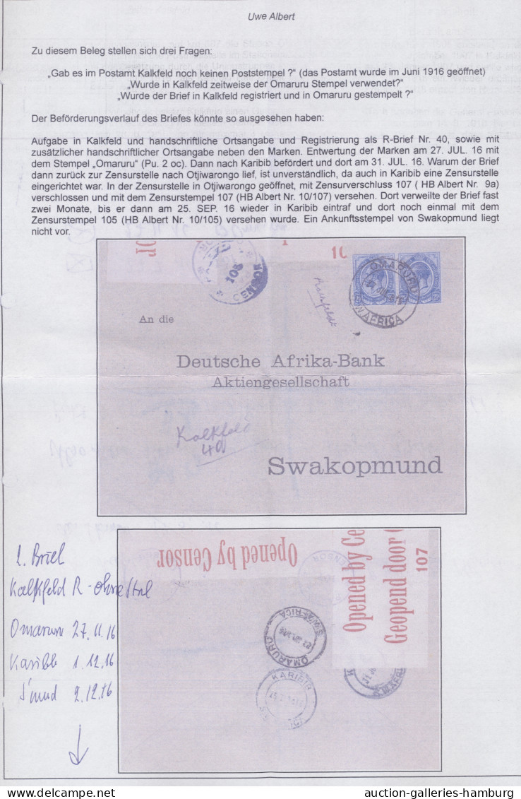 Deutsch-Südwestafrika - Stempel: 1916, KALKFELD, R-Brief An Die Deutsche Afrika- - German South West Africa